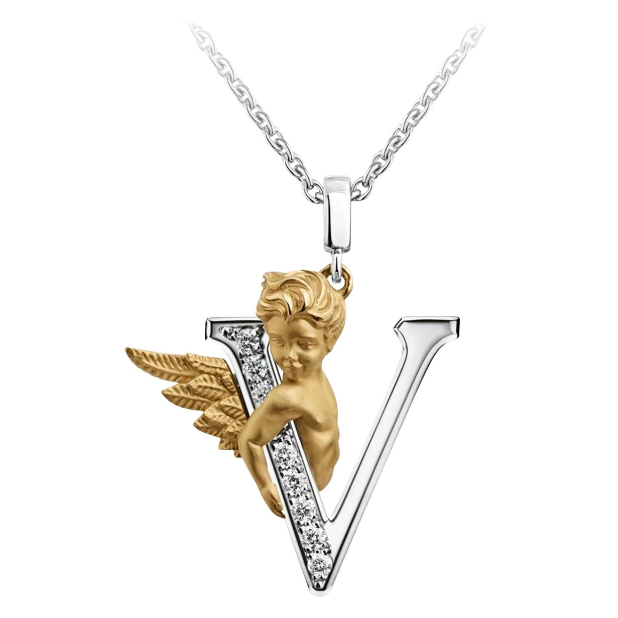 Carrera y Carrera 0.11 Carat Round Diamond "MY ANGEL" V Pendant Initial