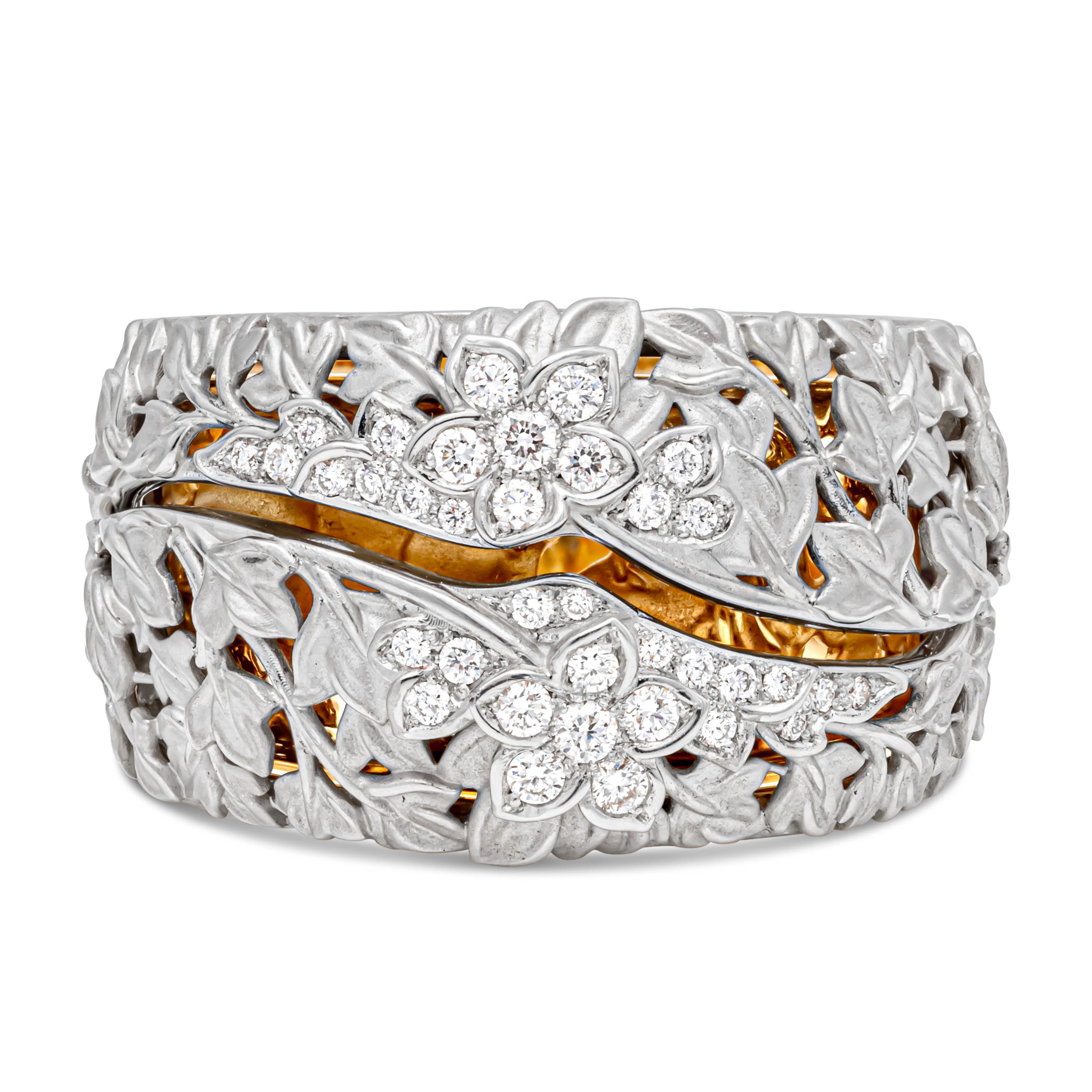 Signed piece by Carrera y Carrera, a perfect gift to yourself or to celebrate any special moment. A fashion ring that closes and opens, 18K White Gold in floral motif with 0.27 carats total diamond outside and a sculpture of Romeo & Juliet in 18K