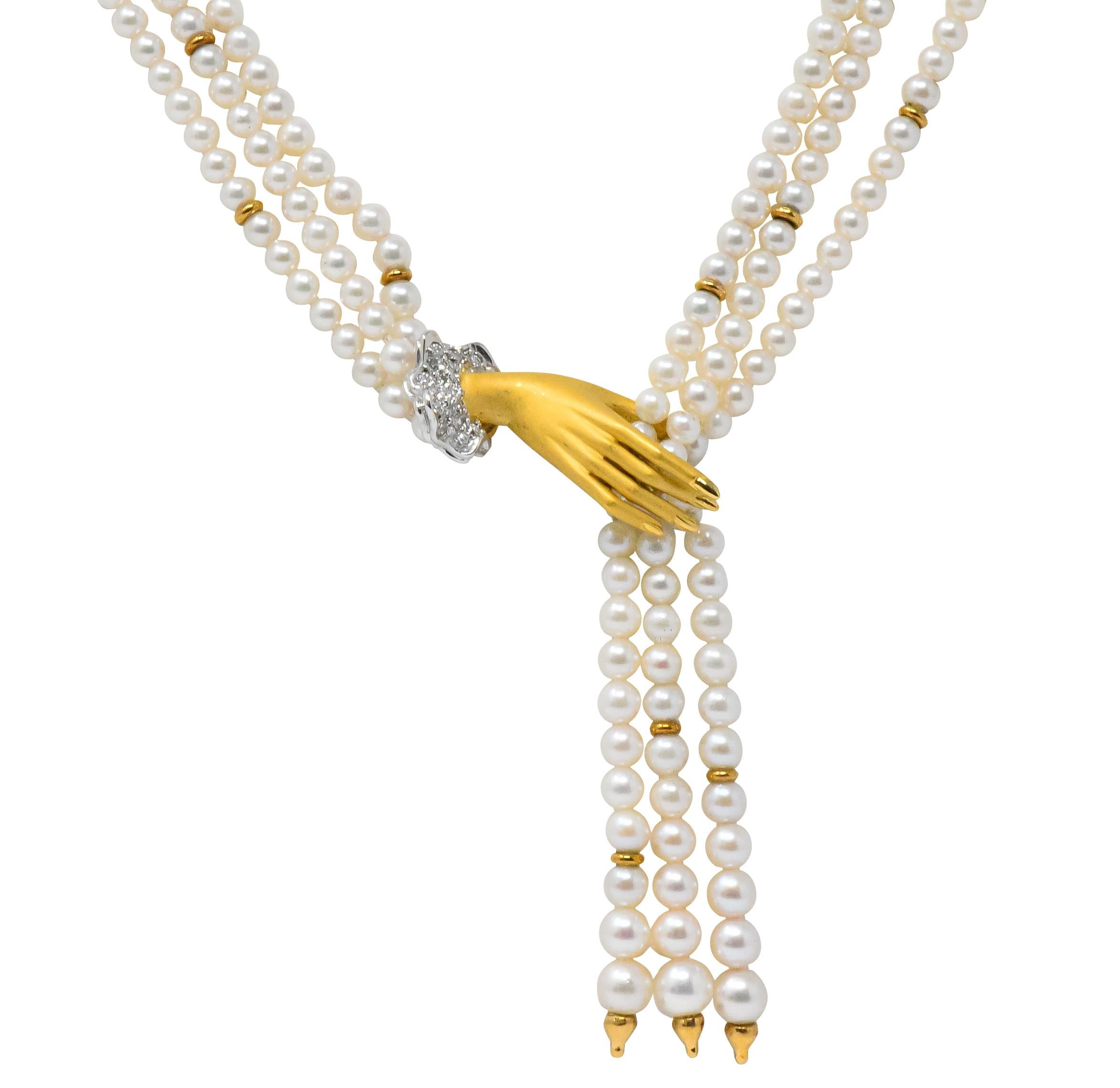 Multi-strand, freshwater natural pearl tassel necklace with 18 karat gold stations, gathered in a golden hand

Cuff accented by round brilliant cut diamonds set in white gold, weighing 0.30 carats total, G/H color and VS clarity

Completed by