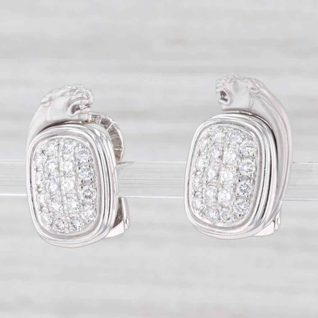 Round Cut Carrera Y Carrera 0.75ctw Diamond Panther Earrings 18k White Gold Designer For Sale