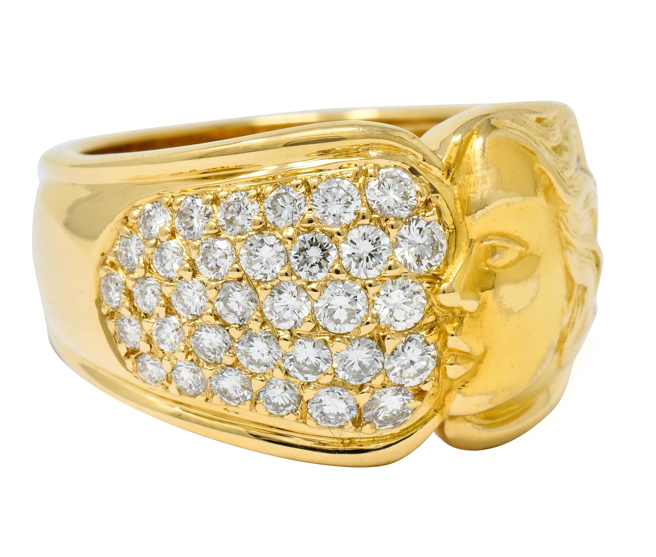 Band style ring depicting a profile of a woman with windswept hair accented by diamonds

Facing a pavè field of round brilliant cut diamonds that graduate in size

Total diamond weight is approximately 1.50 carat total, F/G color with VS