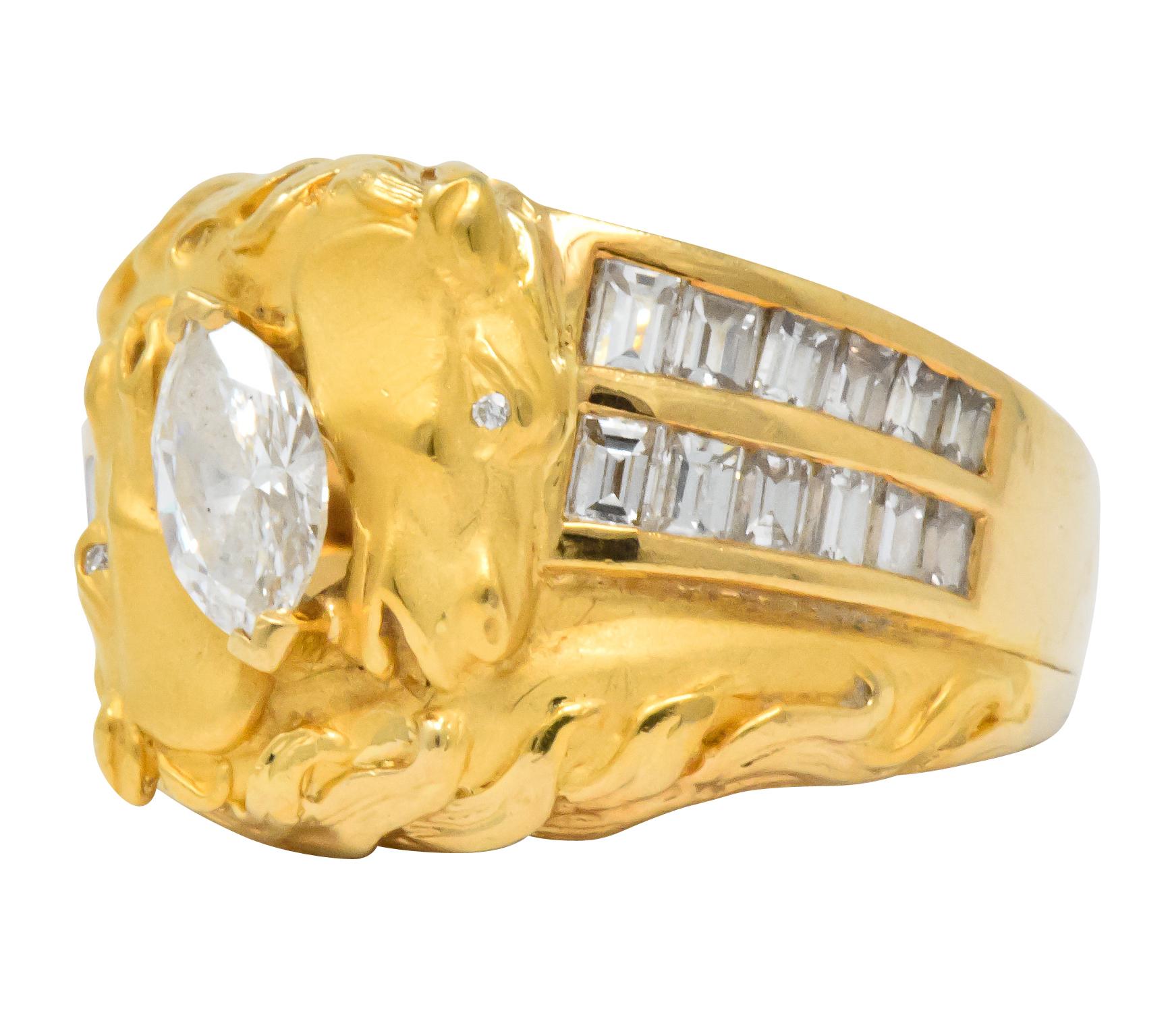 Designed as two intertwined horse heads in rich 18 karat gold

Centering a marquise cut diamond weighing approximately 0.50 carat, I color and VVS clarity

With channel set baguette cut diamonds weighing approximately 1.20 carats total, H/I color