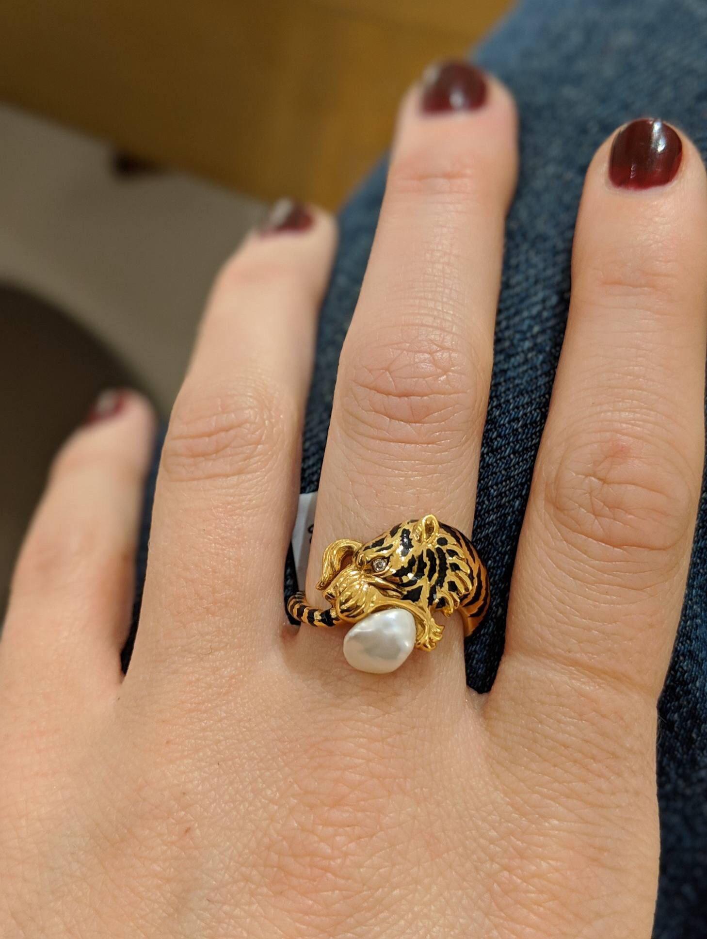 Art Nouveau Carrera y Carrera 18 Karat Gold and Enamel Tiger Ring with Baroque Pearl