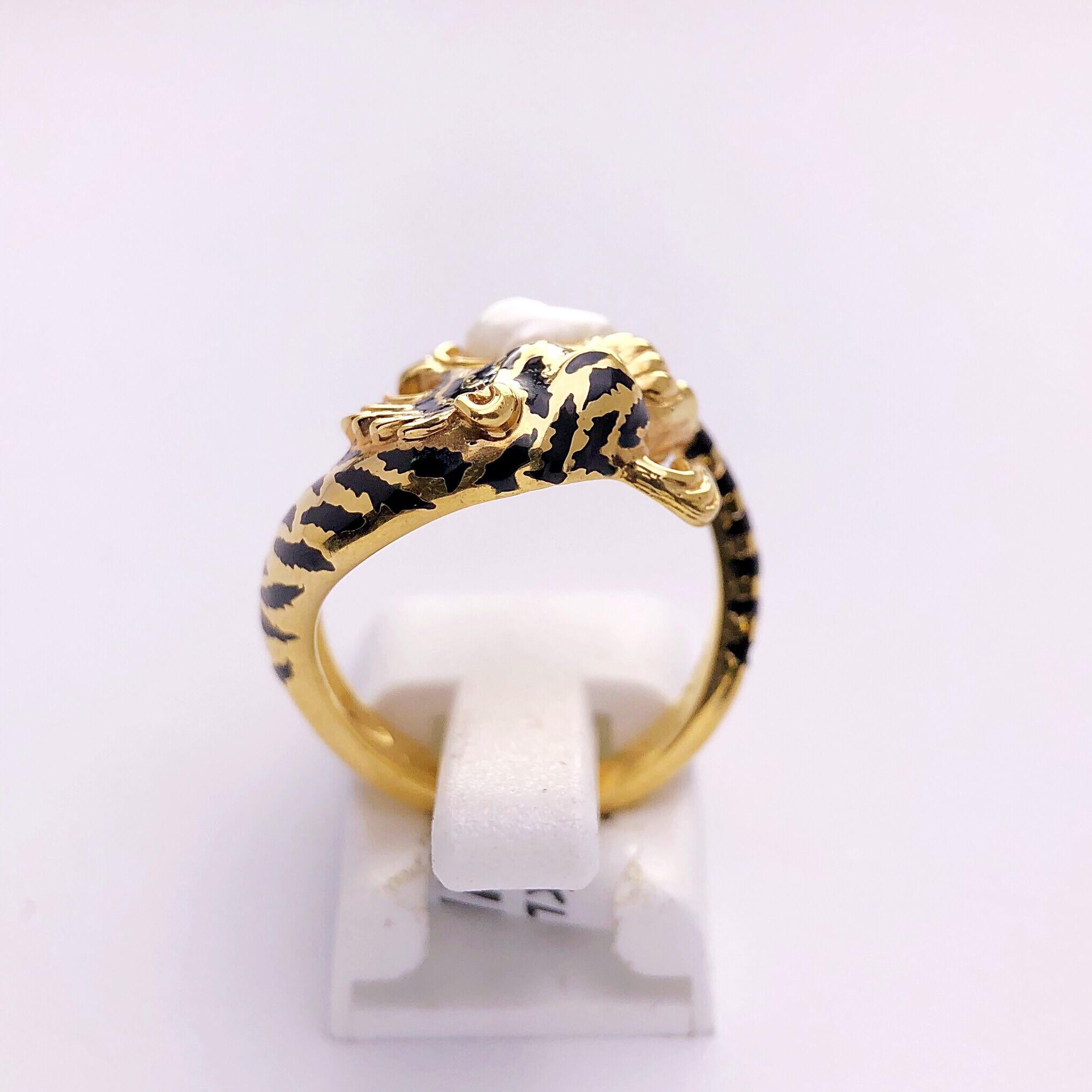 Carrera y Carrera 18 Karat Gold and Enamel Tiger Ring with Baroque Pearl 1