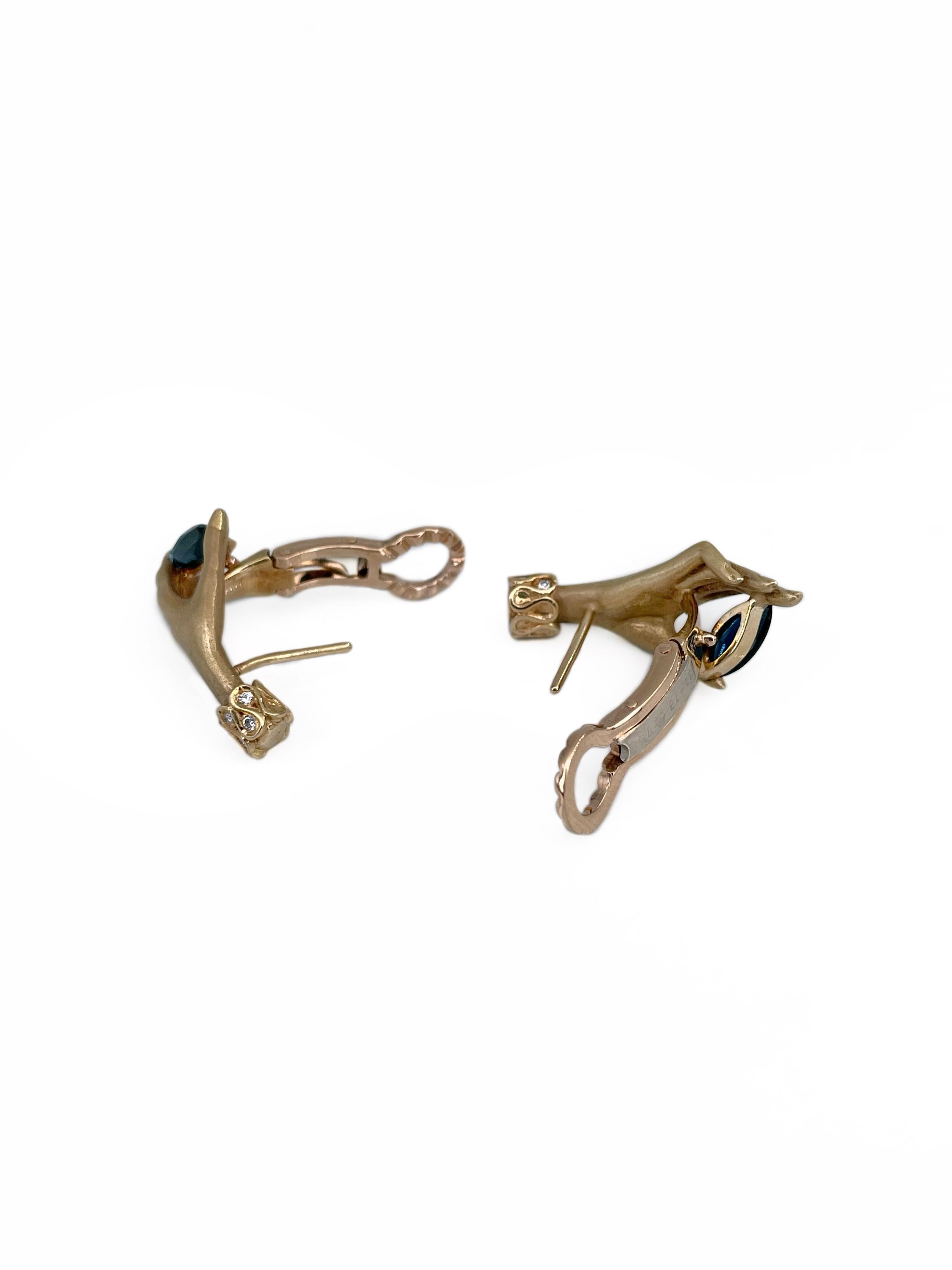 Mixed Cut Carrera Y Carrera 18 Karat Gold Hand Holding Sapphire French Back Earrings For Sale