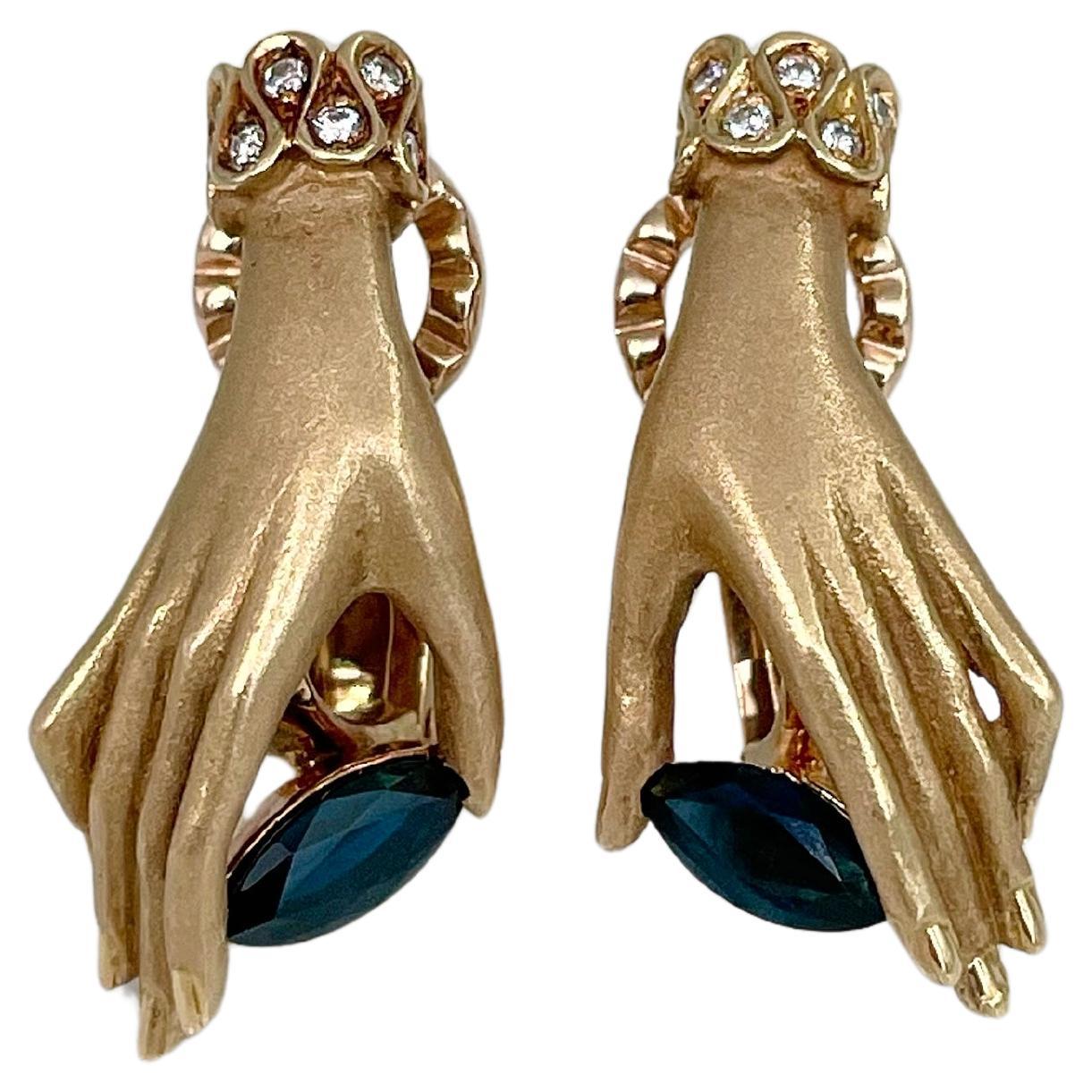 Carrera Y Carrera 18 Karat Gold Hand Holding Sapphire French Back Earrings For Sale