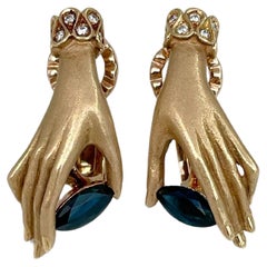 Carrera Y Carrera 18 Karat Gold Hand Holding Sapphire French Back Earrings