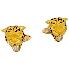 Carrera Y Carrera 18 Karat Gold Leopard Head Cufflinks with Enamel and Diamond