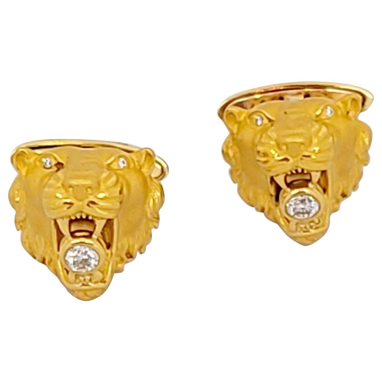 Carrera y Carrera 18 Karat Gold Lions Head Cufflinks with .36 Carat Diamonds