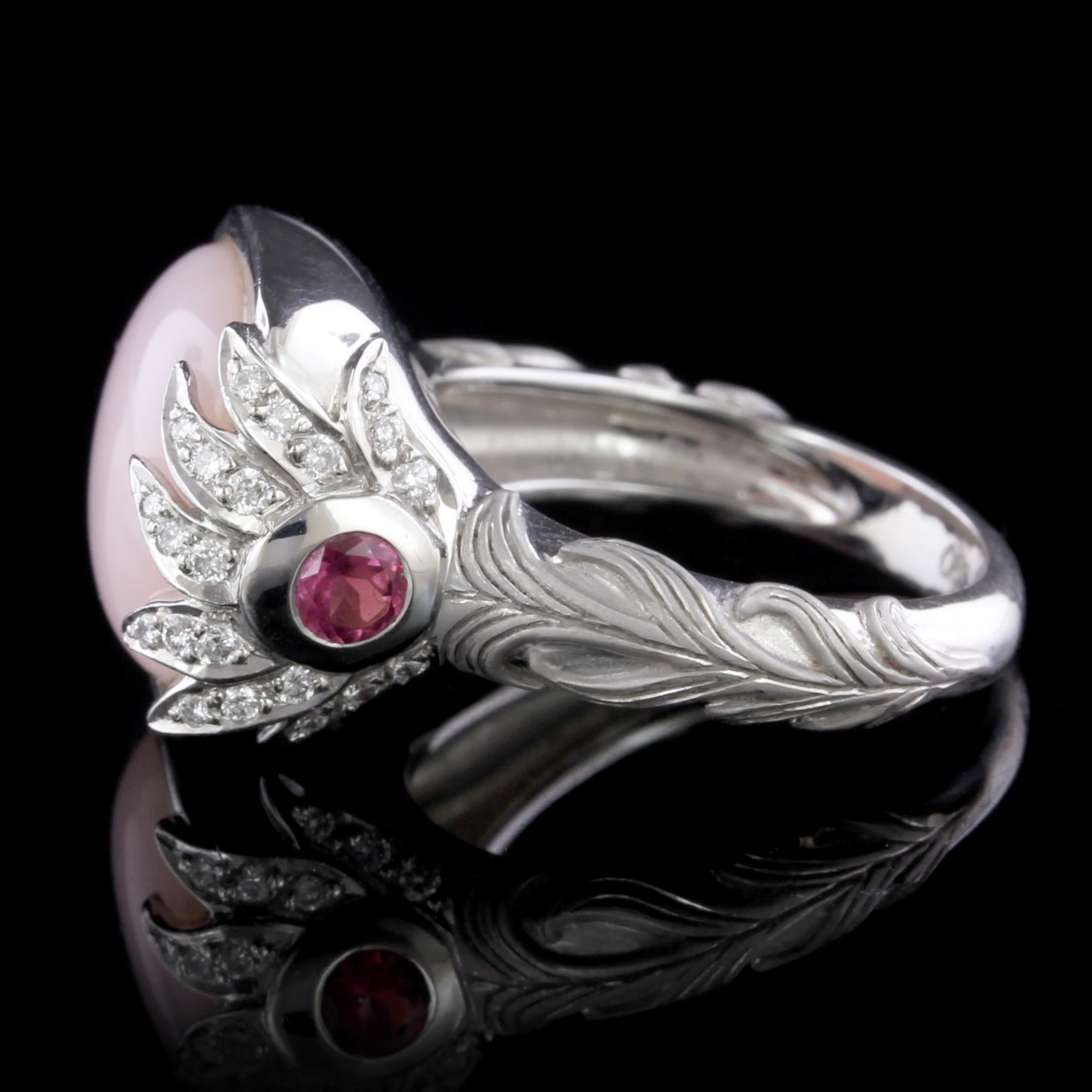 Carrera Y Carrera 18K White Gold Pink Opal and Pink Tourmaline Peacock Ring. The ring is set with a pink opal measuring 12.50 x 12.50mm., further set with two round cut pink tourmaline, size 6 1/4, #391390.