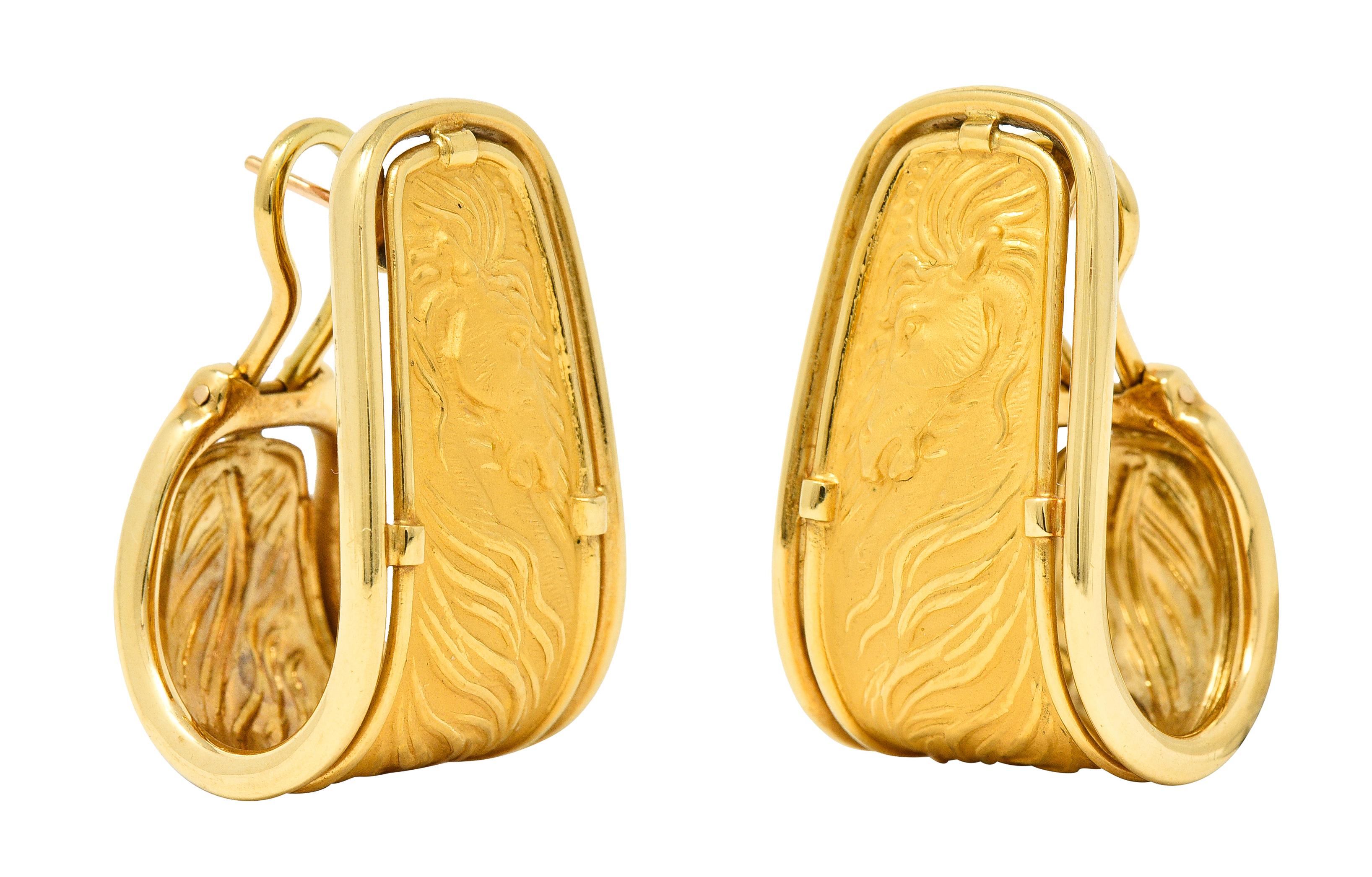 Carrera Y Carrera 18 Karat Yellow Gold Ecuestre Horse Vintage J-Hoop Earrings For Sale 1