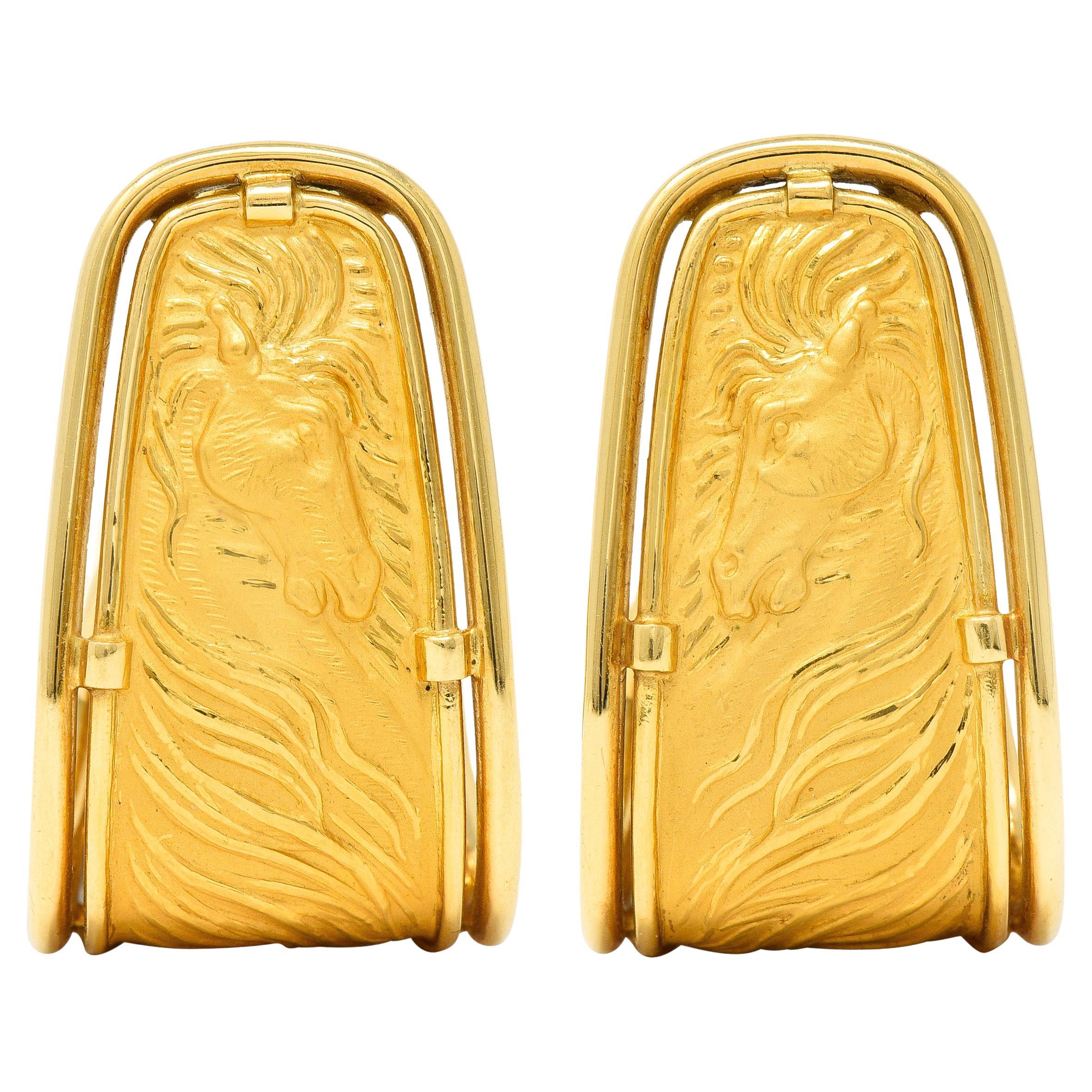 Carrera Y Carrera 18 Karat Yellow Gold Ecuestre Horse Vintage J-Hoop Earrings For Sale