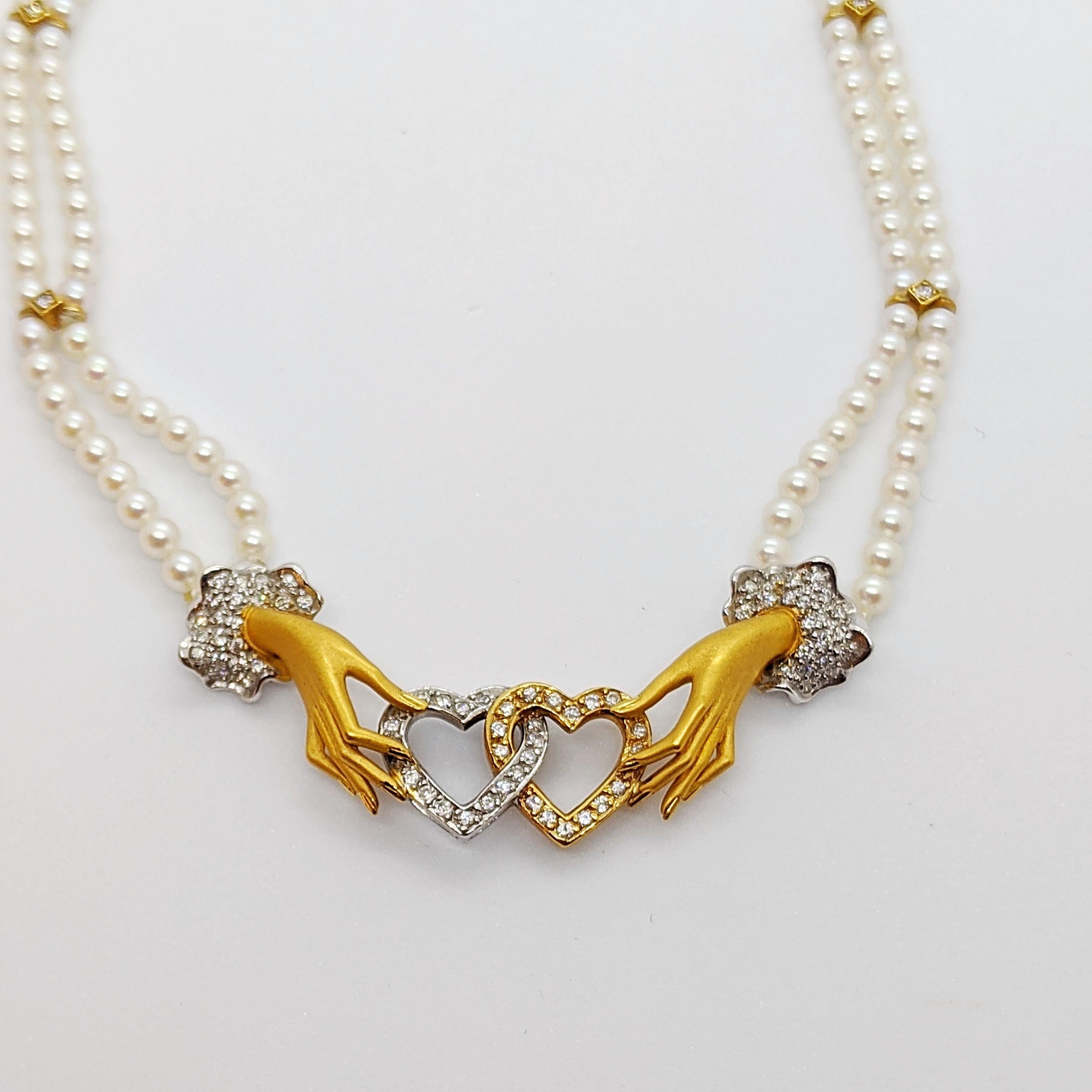 Carrera Y Carrera has built its its famous name on figurative designs, an obsession with surface finishes, and a compelling way of seeing beauty in art and nature. This pearl necklace with detailed hands and hearts is the perfect example of