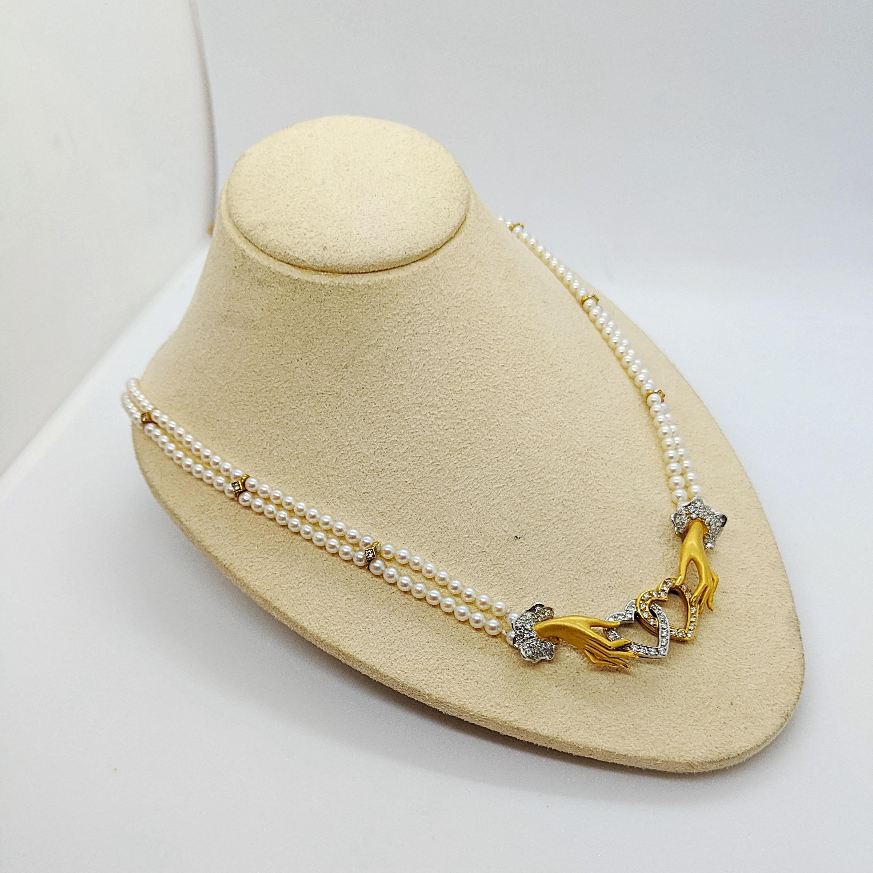 Round Cut Carrera Y Carrera 18 Karat Yellow Gold and Pearl Necklace in Original Hand Motif