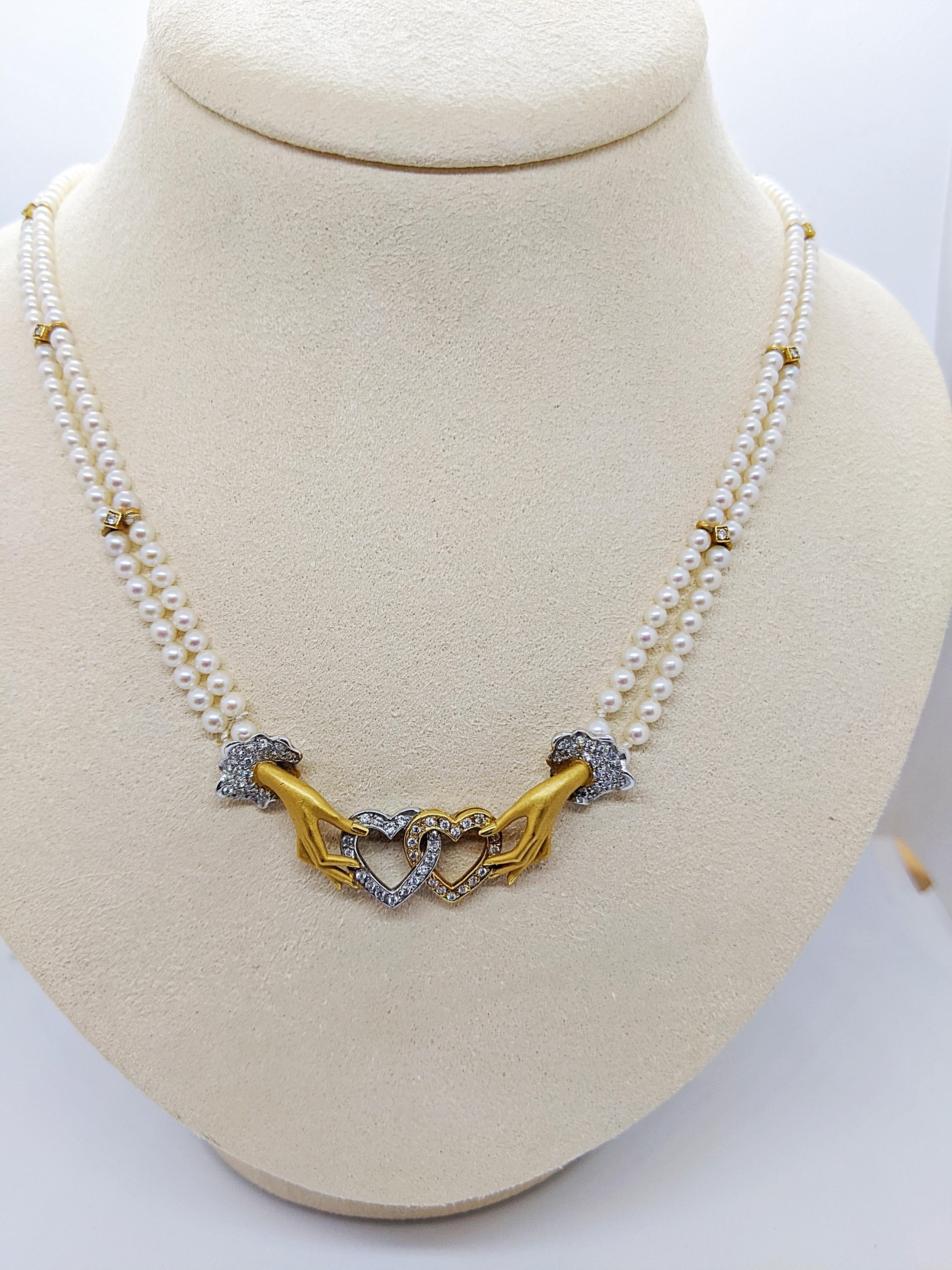 Women's or Men's Carrera Y Carrera 18 Karat Yellow Gold and Pearl Necklace in Original Hand Motif