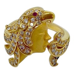 Bague pour femme « Carrera y Carrera » en or jaune 18 carats, ornée d'une coiffe en forme de perroquet sertie de diamants