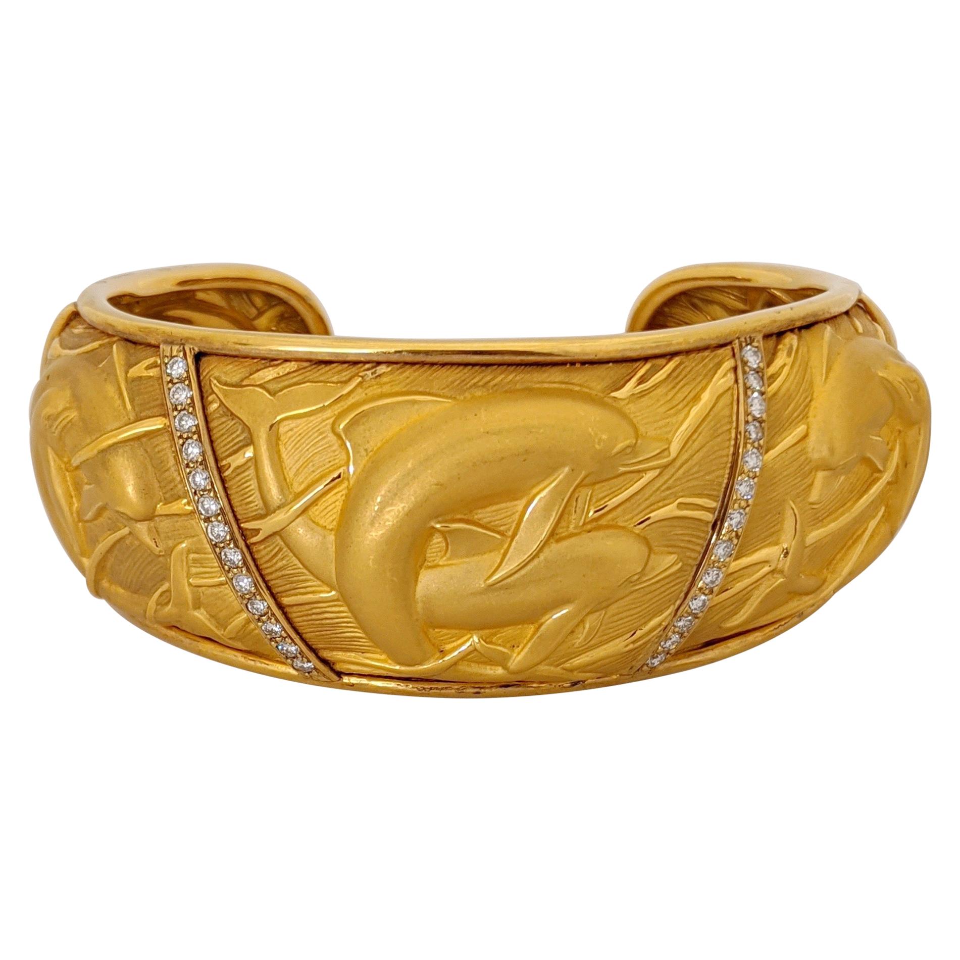 Carrera Y Carrera 18 Karat YG "Mosaico" Dolphin Cuff Bracelet with Diamonds
