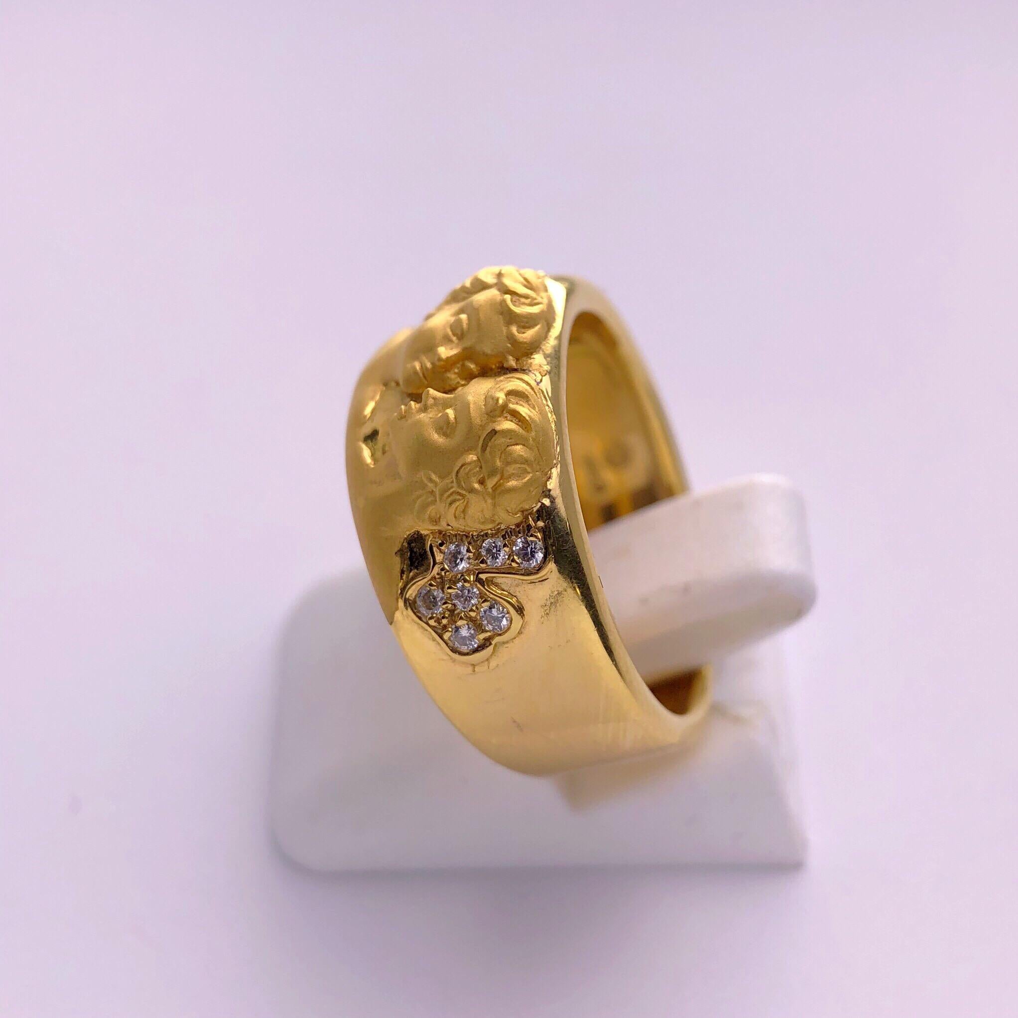 Art Nouveau Carrera Y Carrera 18 Karat Gold Cherub Cheek to Cheek Ring, .09 Carat Diamond