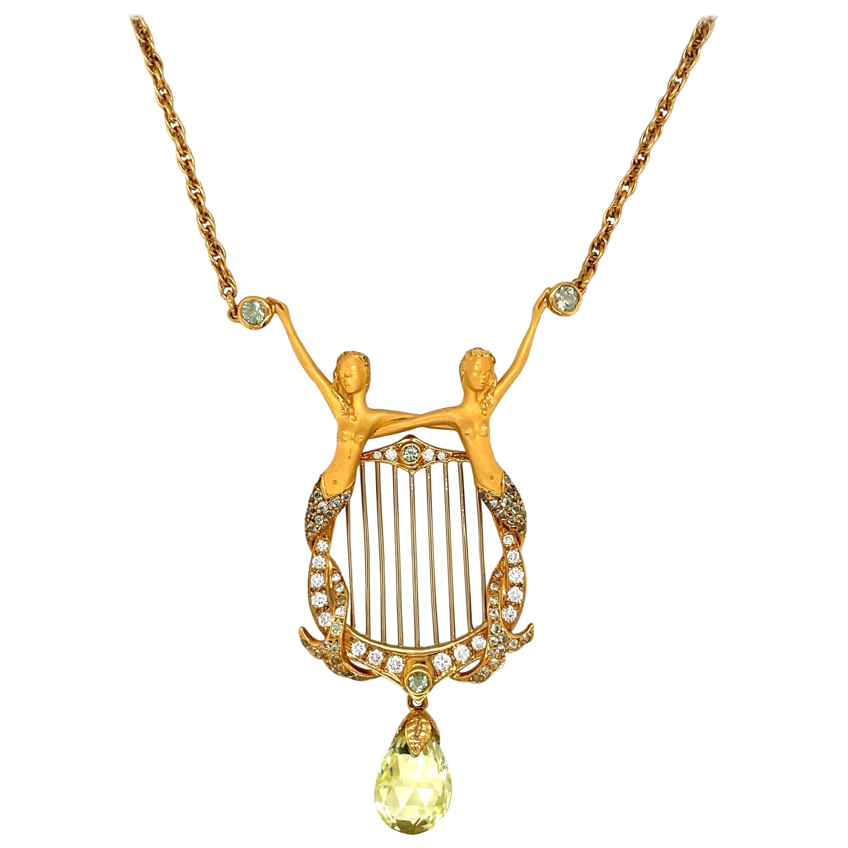 Carrera Y Carrera Pendentif sirène en or jaune 18 carats et diamants avec quartz vert poire