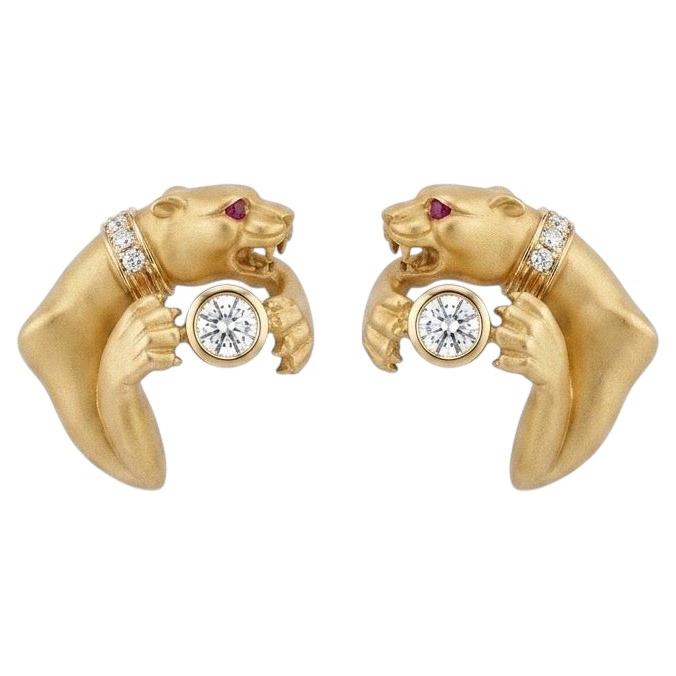 Pre-owned Carrera Y Carrera 18 Kt Yellow Gold Panther Earrings With 0.49 Cts Diamond