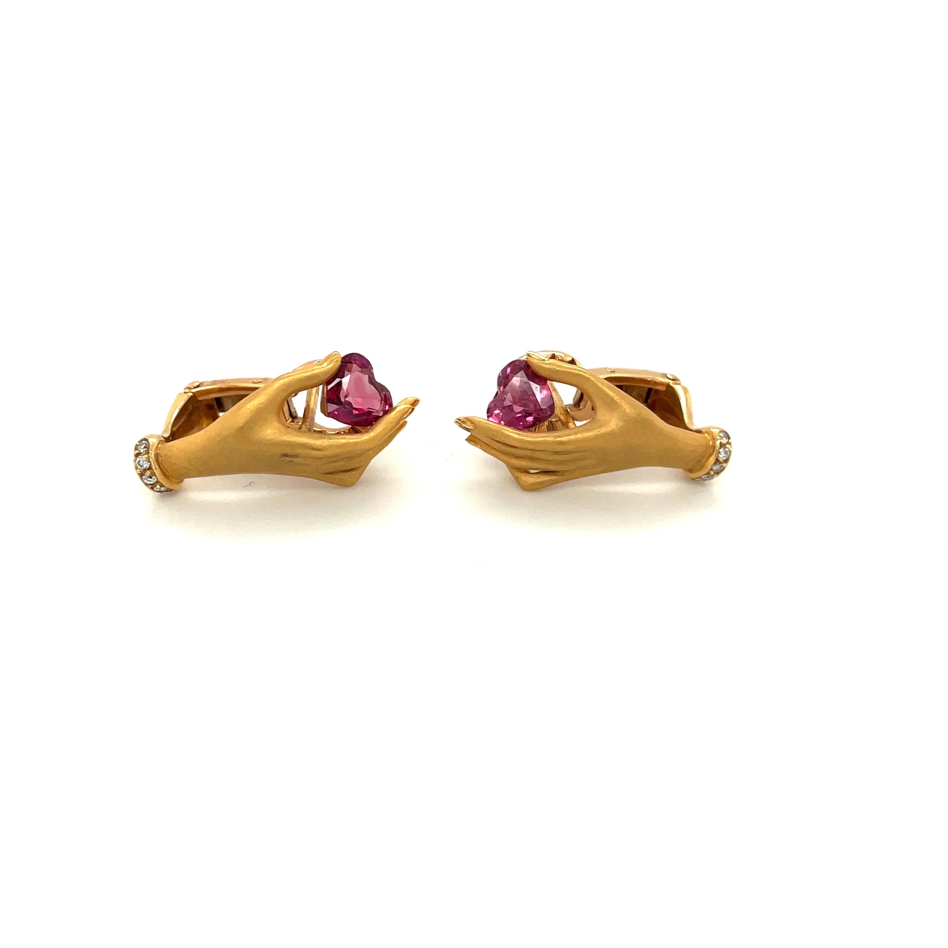 Contemporary Carrera Y Carrera 18 KT YG Hand Earrings 1.40Ct Ruby Heart .06Ct Diamond For Sale