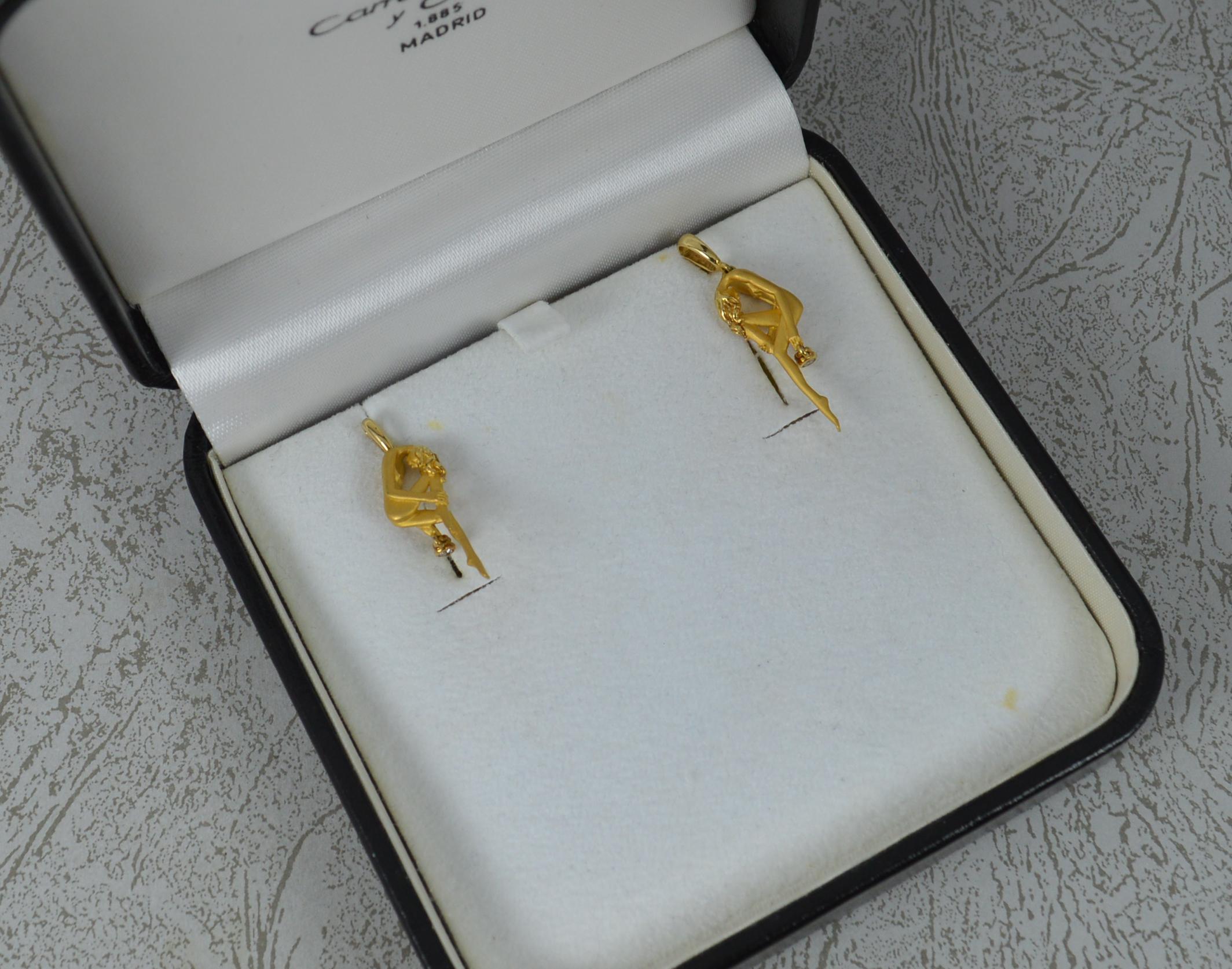 Art Nouveau Carrera y Carrera 18 Carat Gold and Diamond Nude Female Earrings in Box