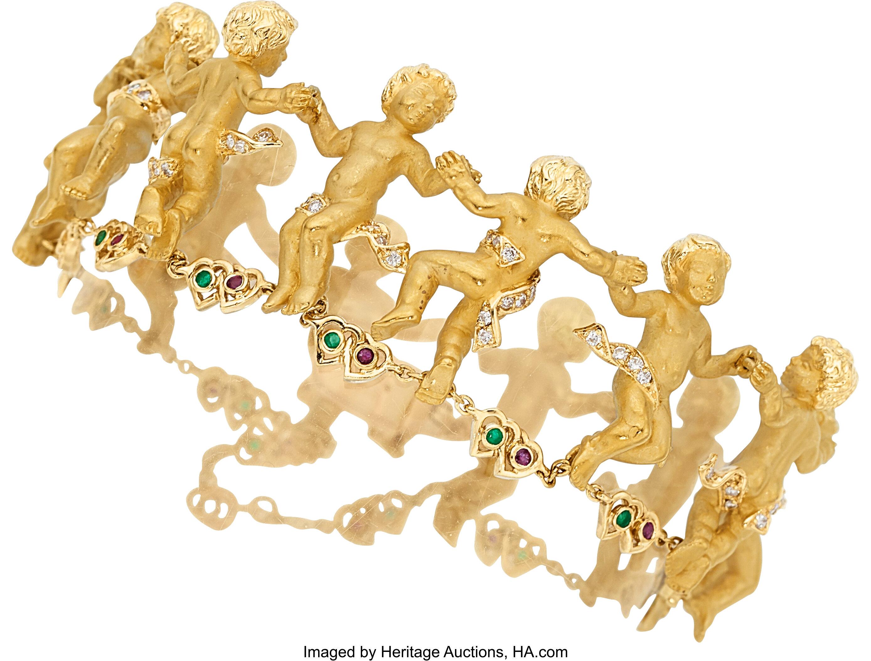 Carrera y Carrera Pulsera de oro de 18k con diamantes de 0,4 ct, esmeraldas y rubíes motivo querubín Moderno en venta