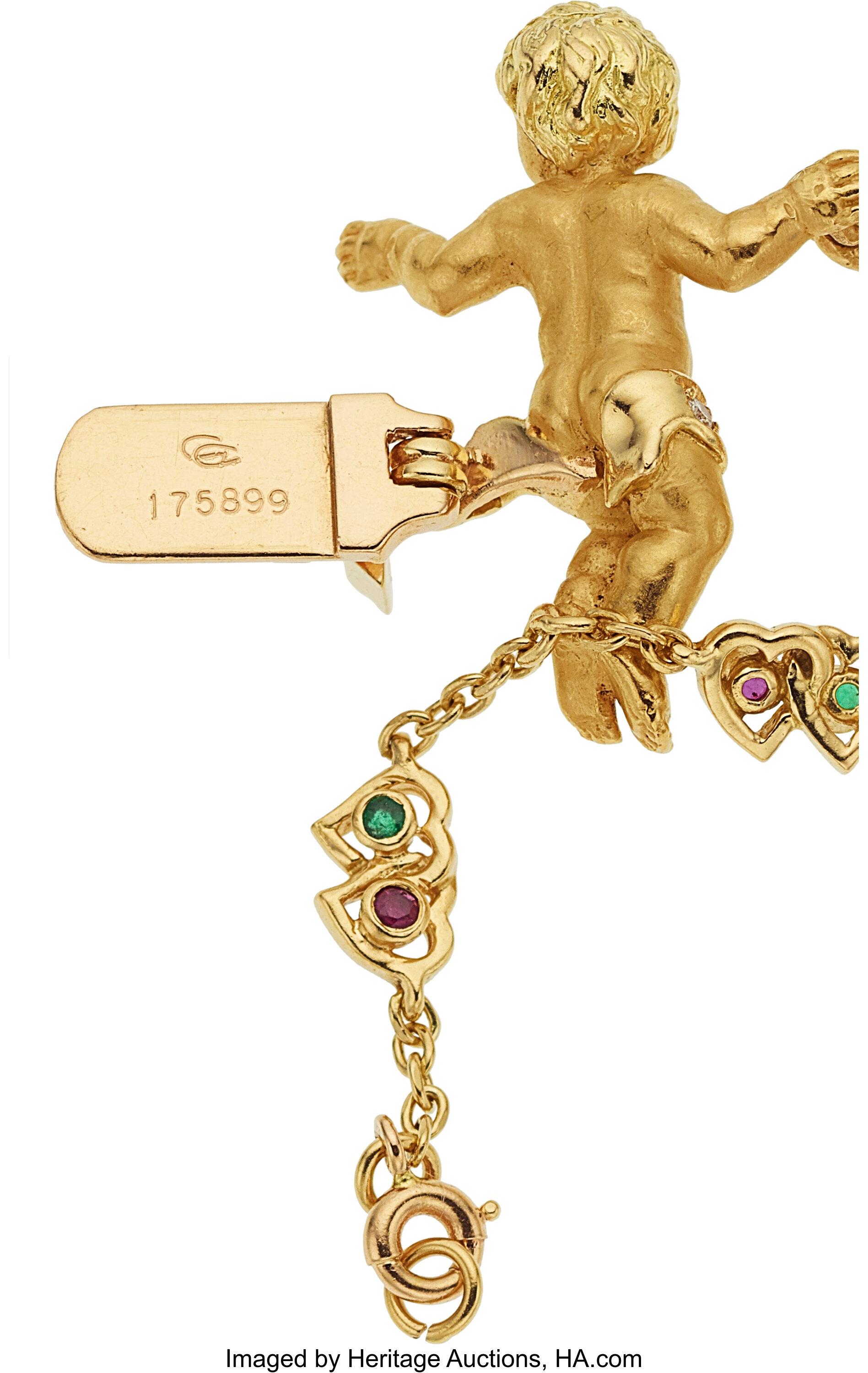 Femenino o masculino Carrera y Carrera Pulsera de oro de 18k con diamantes de 0,4 ct, esmeraldas y rubíes motivo querubín en venta