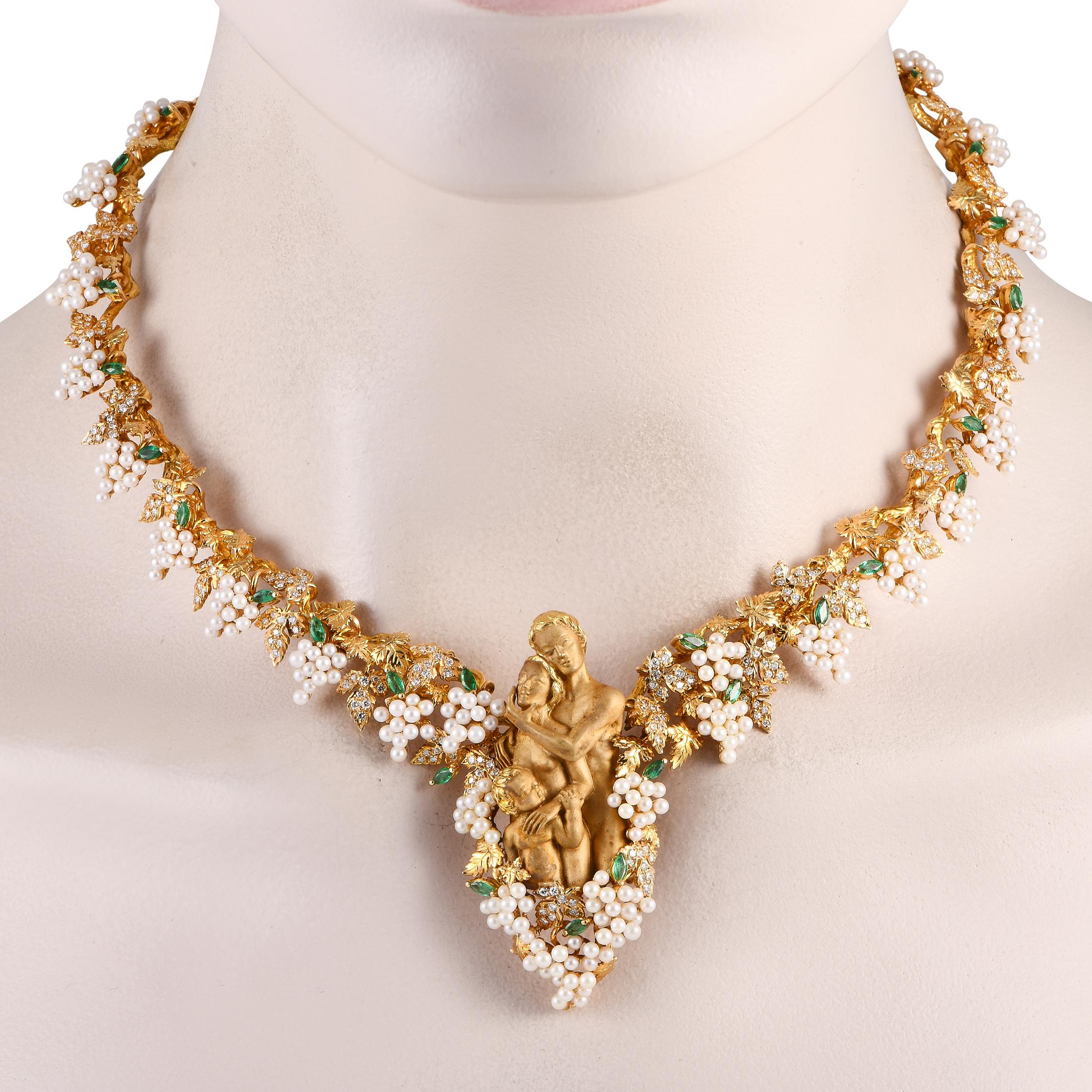 This vintage Carrera Y Carrera Garden of Eden Necklace is undeniably breathtaking. Classical motifs and intricate details elevate this exquisite accessory, which is covered in delicate Pearls, Emerald gemstones, and Diamonds with a total weight of