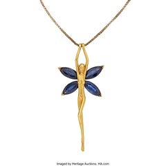 Carrera y Carrera 18k Gold 3.5ct Sapphire Fairy Pendant w/ 26" 14k Gold Chain