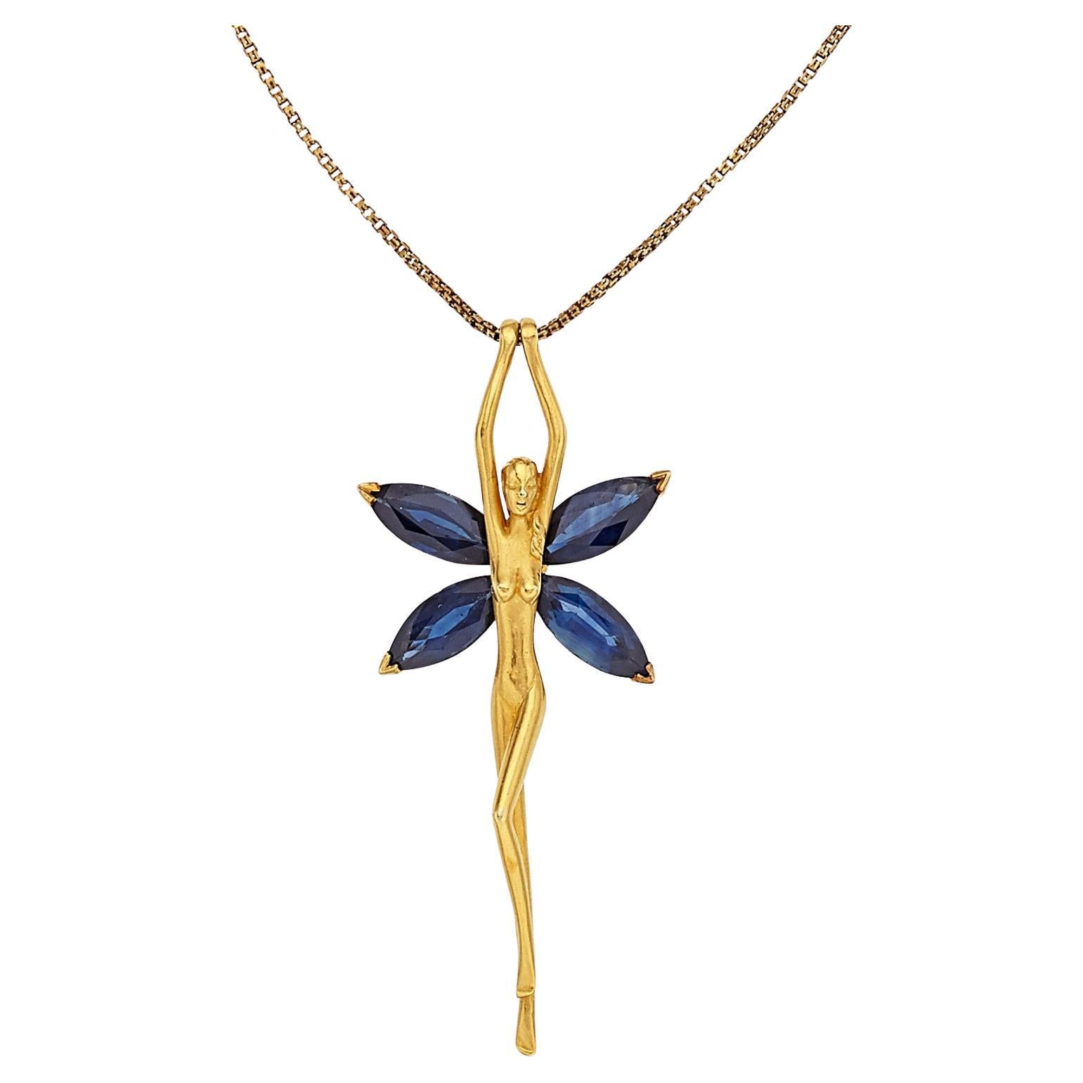 Carrera y Carrera 18k Gold 3.5ct Sapphire Fairy Pendant w/ 26" 14k Gold Chain