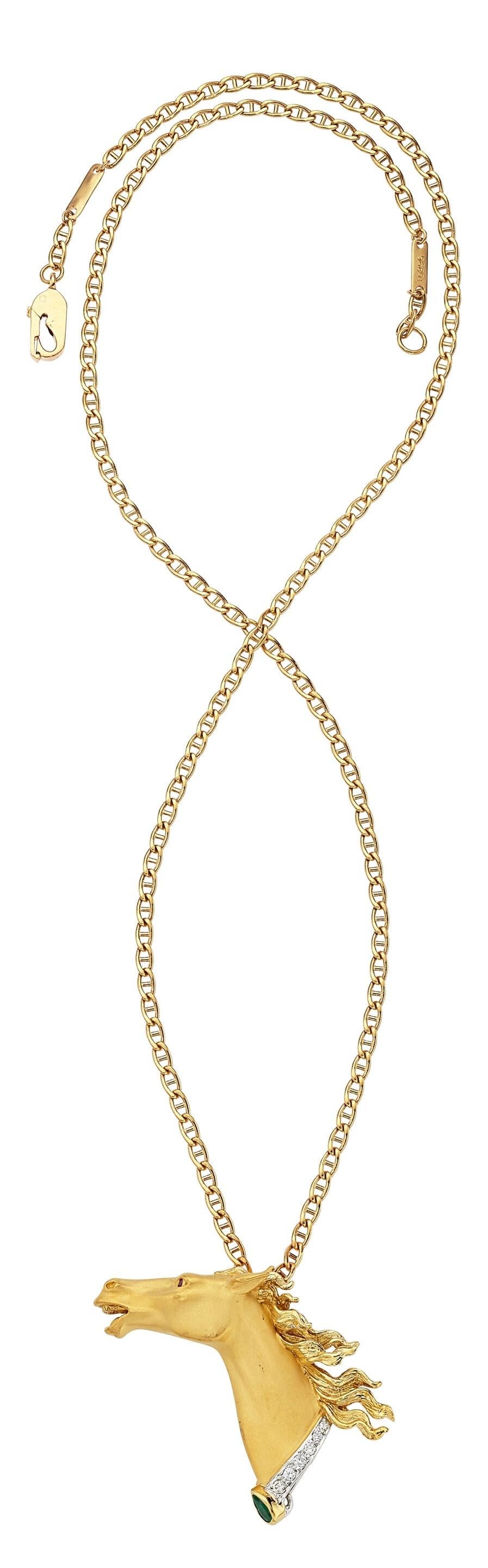 Women's or Men's Carrera y Carrera 18k Gold Diamond & Gemstones Horse Pendant with 18 Inch Chain For Sale