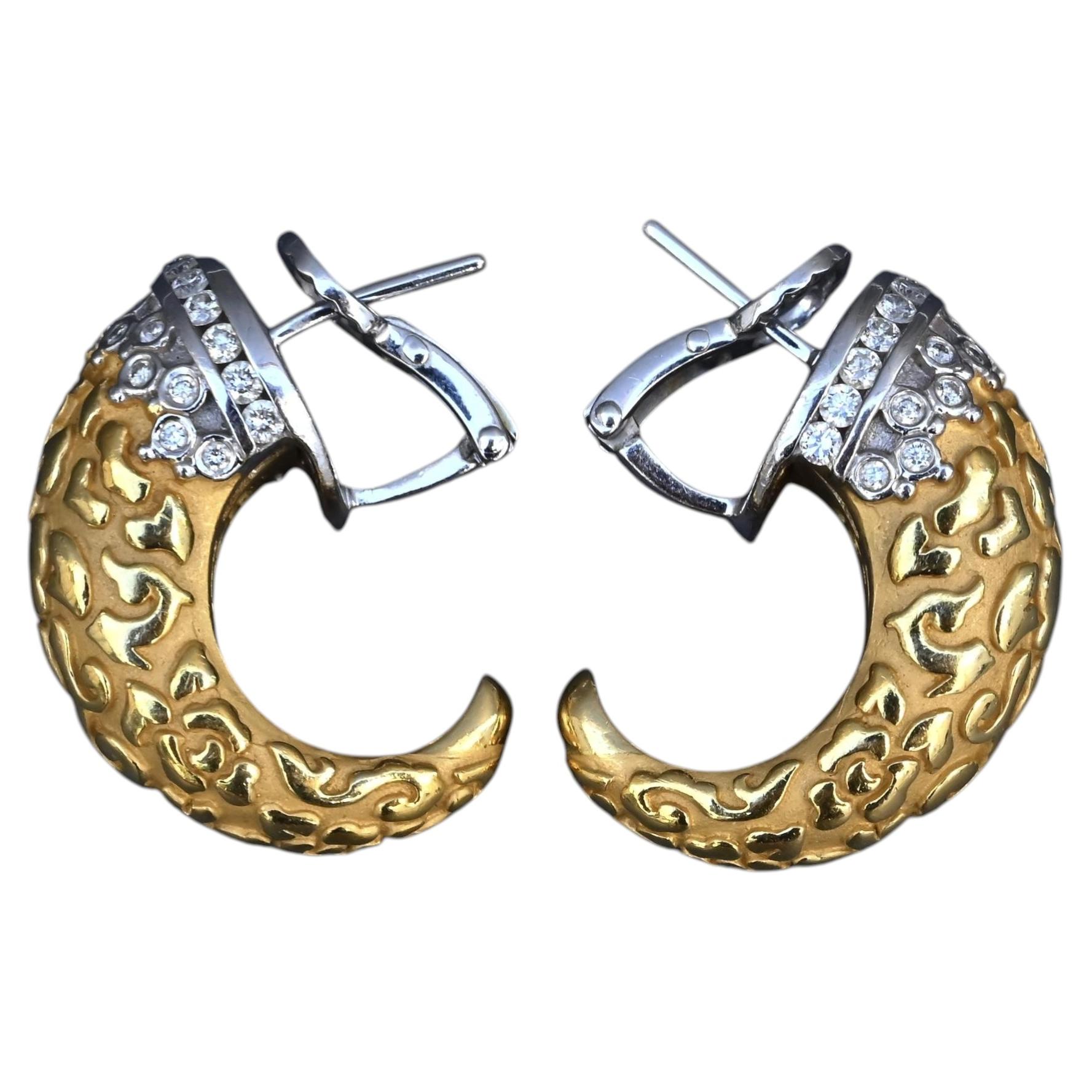 Pre-owned Carrera Y Carrera 18k Gold Pave Diamond Textured Hoop Earrings Vintage In Multi