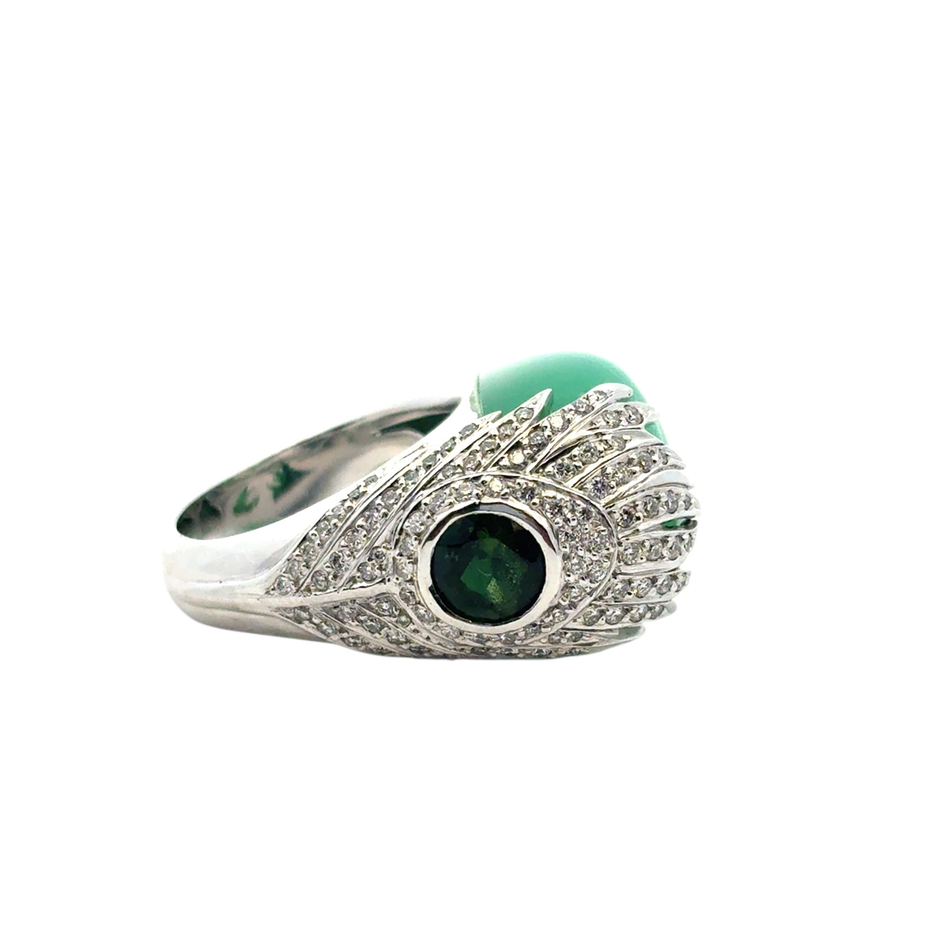 Carrera y Carrera 18k White Gold Green Chalcedony and Diamond Peacock Ring in vendita 2