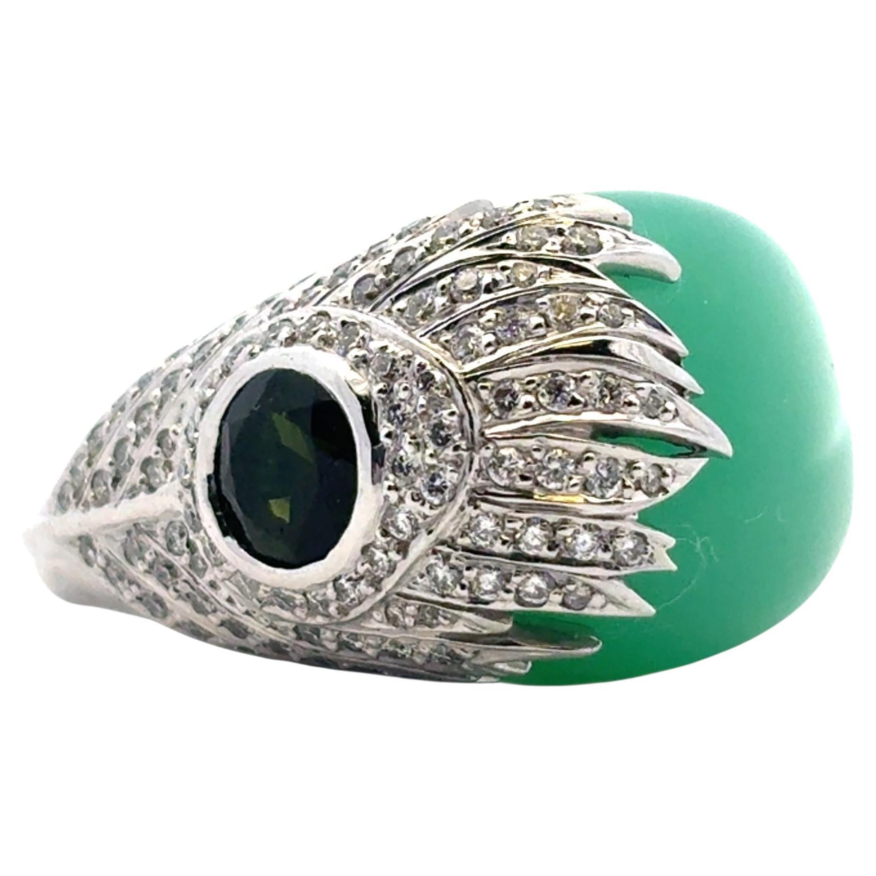 Carrera y Carrera 18k White Gold Green Chalcedony and Diamond Peacock Ring