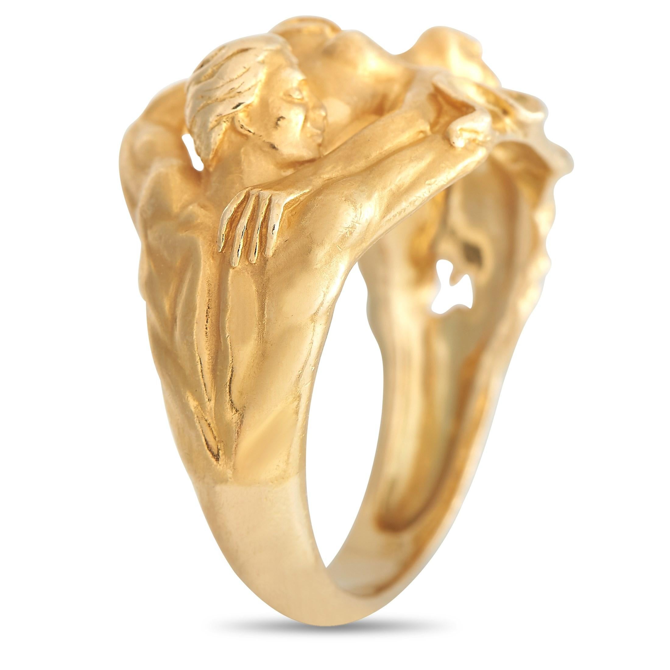 Dieser Adam und Eva Ring von Carrera y Carrera aus 18-karätigem Gelbgold verleiht Ihrem Modestil ein unverkennbar erwachsenes Selbstbewusstsein. Das Band aus massivem 18-karätigem Gelbgold misst 4 mm und ist mit einer rassigen Ästhetik gestaltet.