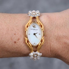 Carrera y Carrera 18k Yellow Gold Diamond and Pearl Oval Wrist Watch