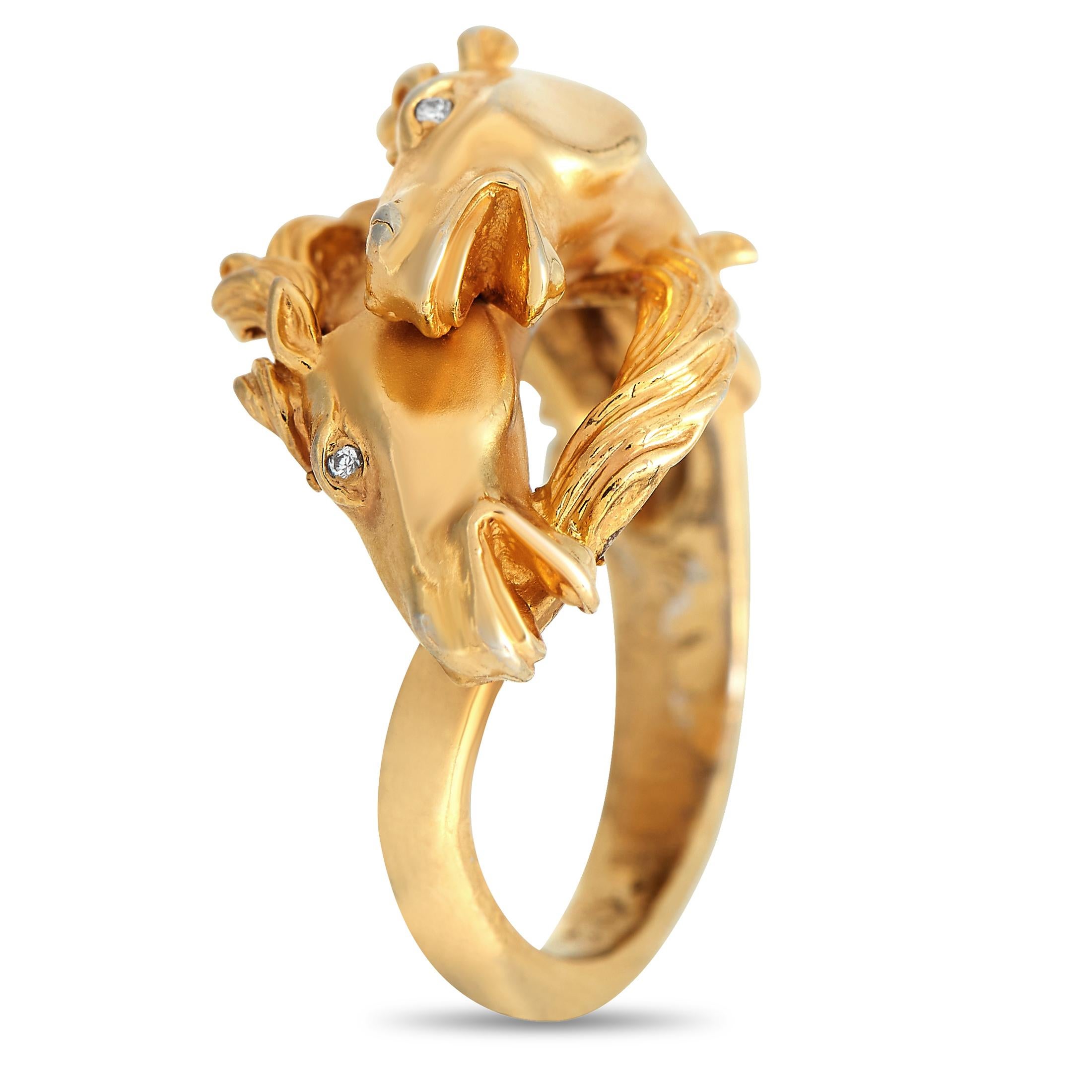 Do you think the horse is your spirit animal? Connect with the equine energy through this ring. This Carrera y Carrera ring features a satin-finished band with two sculpted horse heads as an accent. Diamond eyes and textured mane and tail add extra