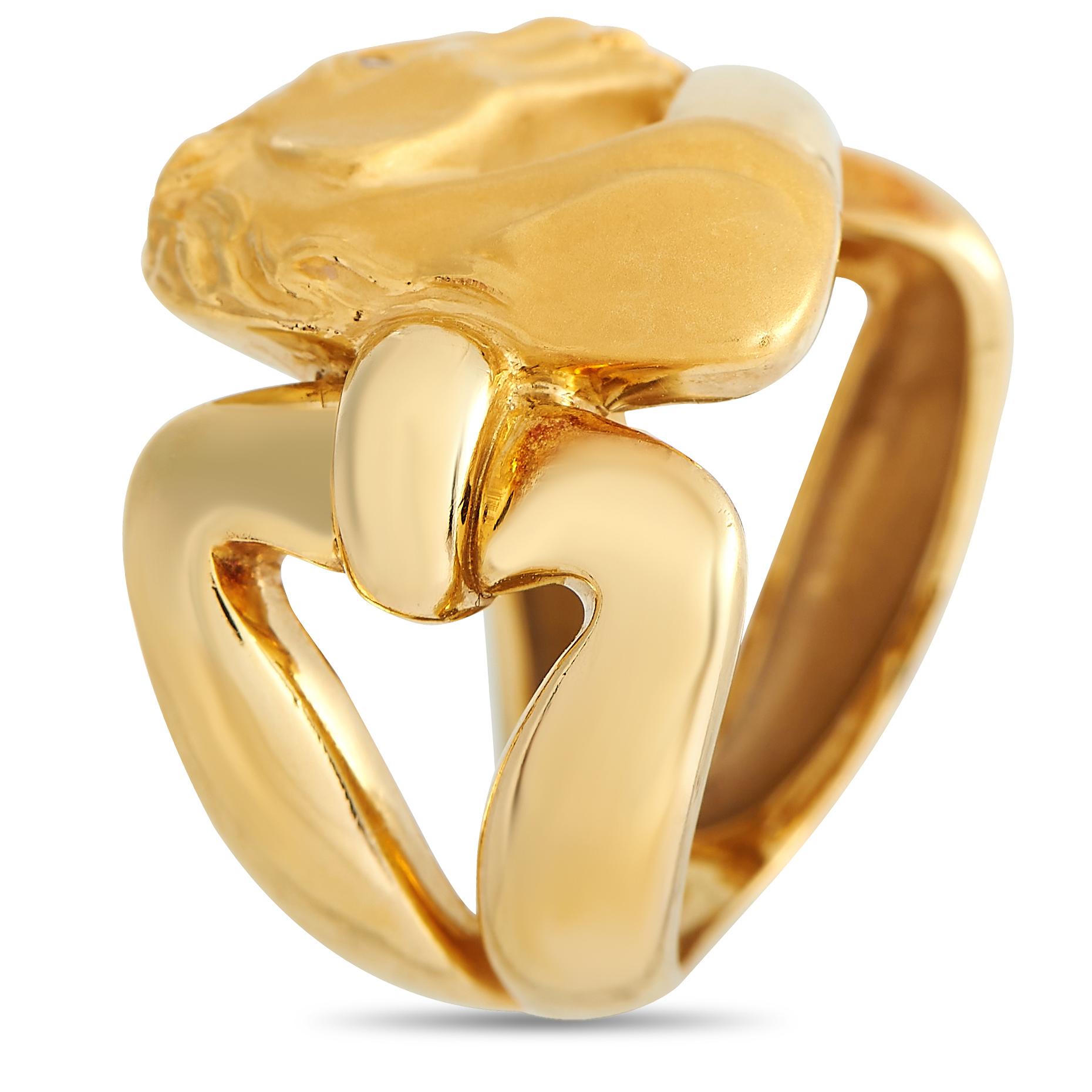 Infuse personality into your style with this Carrera y Carrera yellow gold ring with a sculpted horse motif. A symbol of strength, courage, and freedom, this stylized ring features a wide split shank detailed with a horsehead with a diamond eye. The