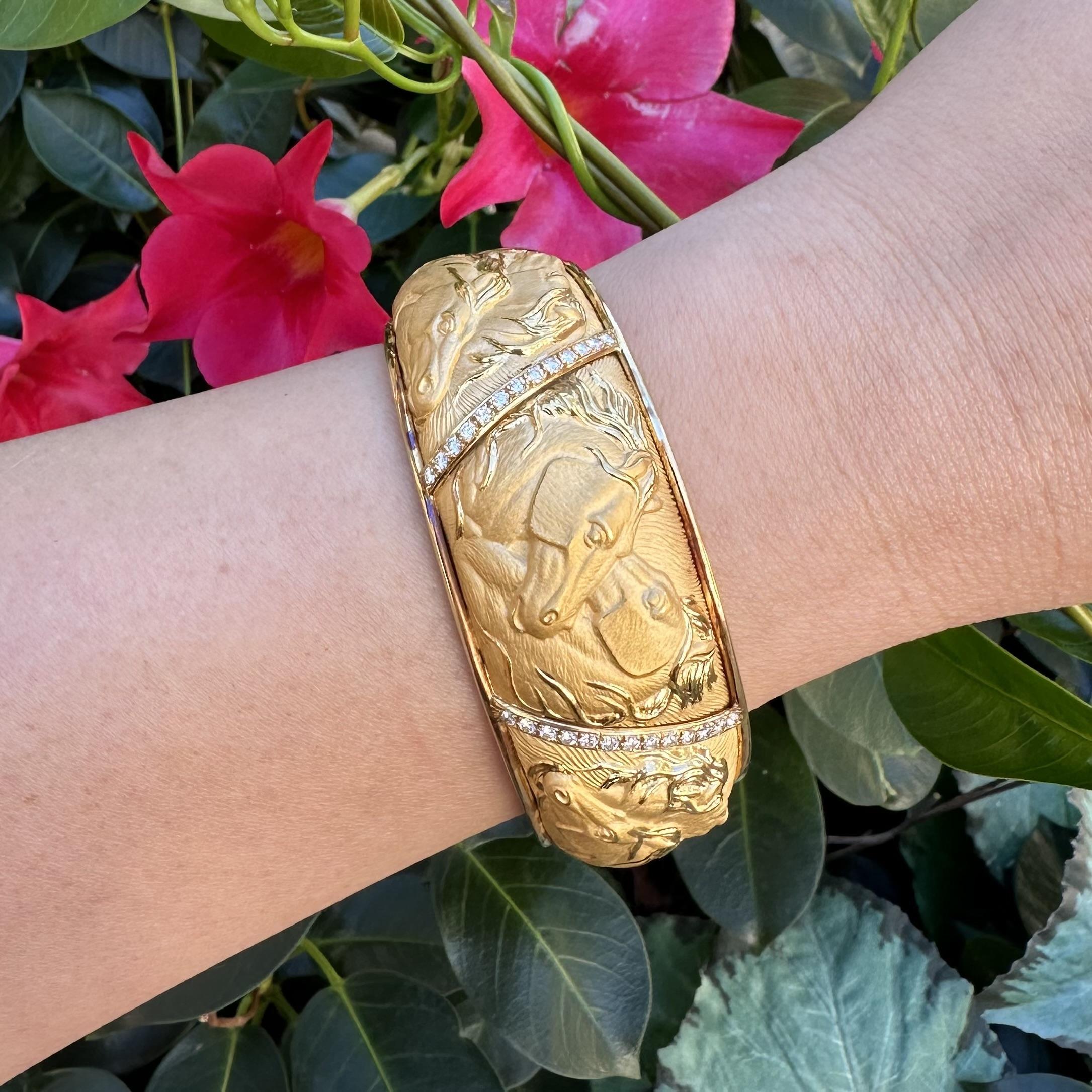 Carrera Y Carrera 18k Yellow Gold Diamond Horse Repousse Wide Open Cuff Bracelet For Sale 5