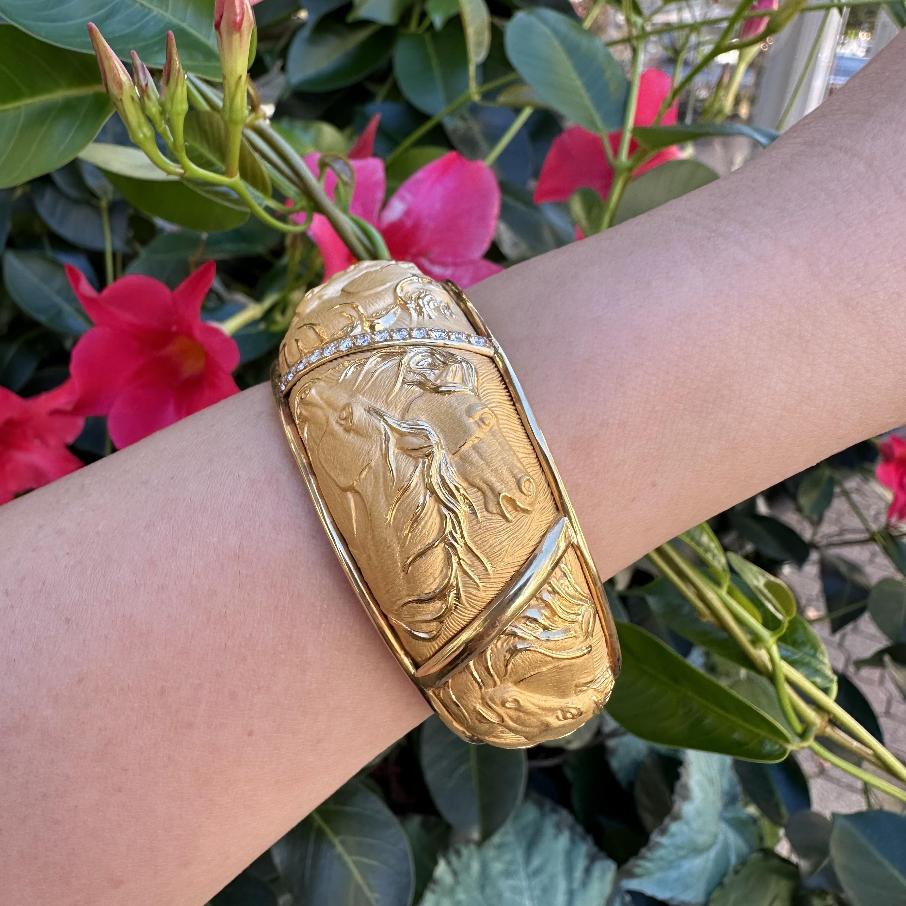 Carrera Y Carrera 18k Yellow Gold Diamond Horse Repousse Wide Open Cuff Bracelet For Sale 6