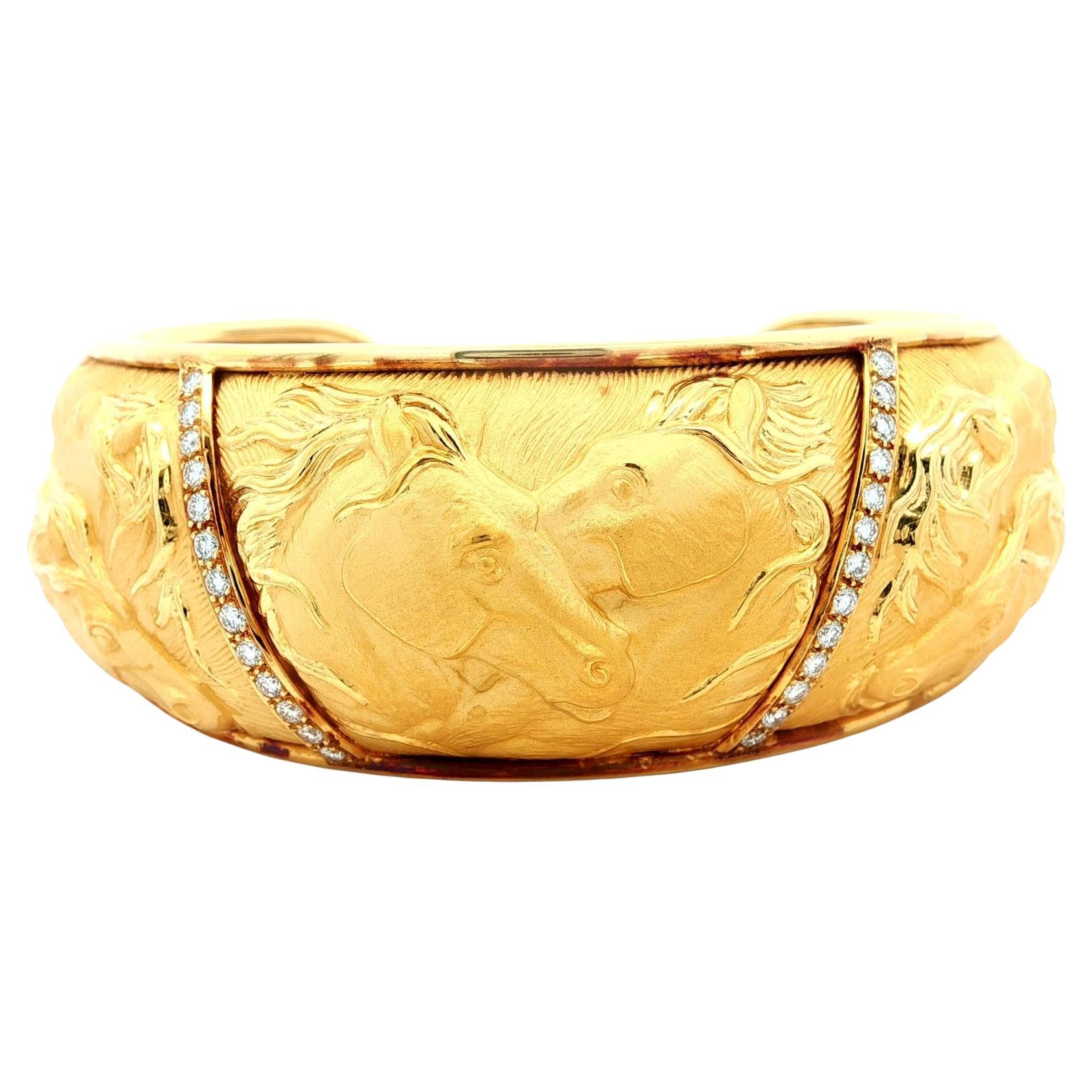 Carrera Y Carrera 18k Yellow Gold Diamond Horse Repousse Wide Open Cuff Bracelet For Sale