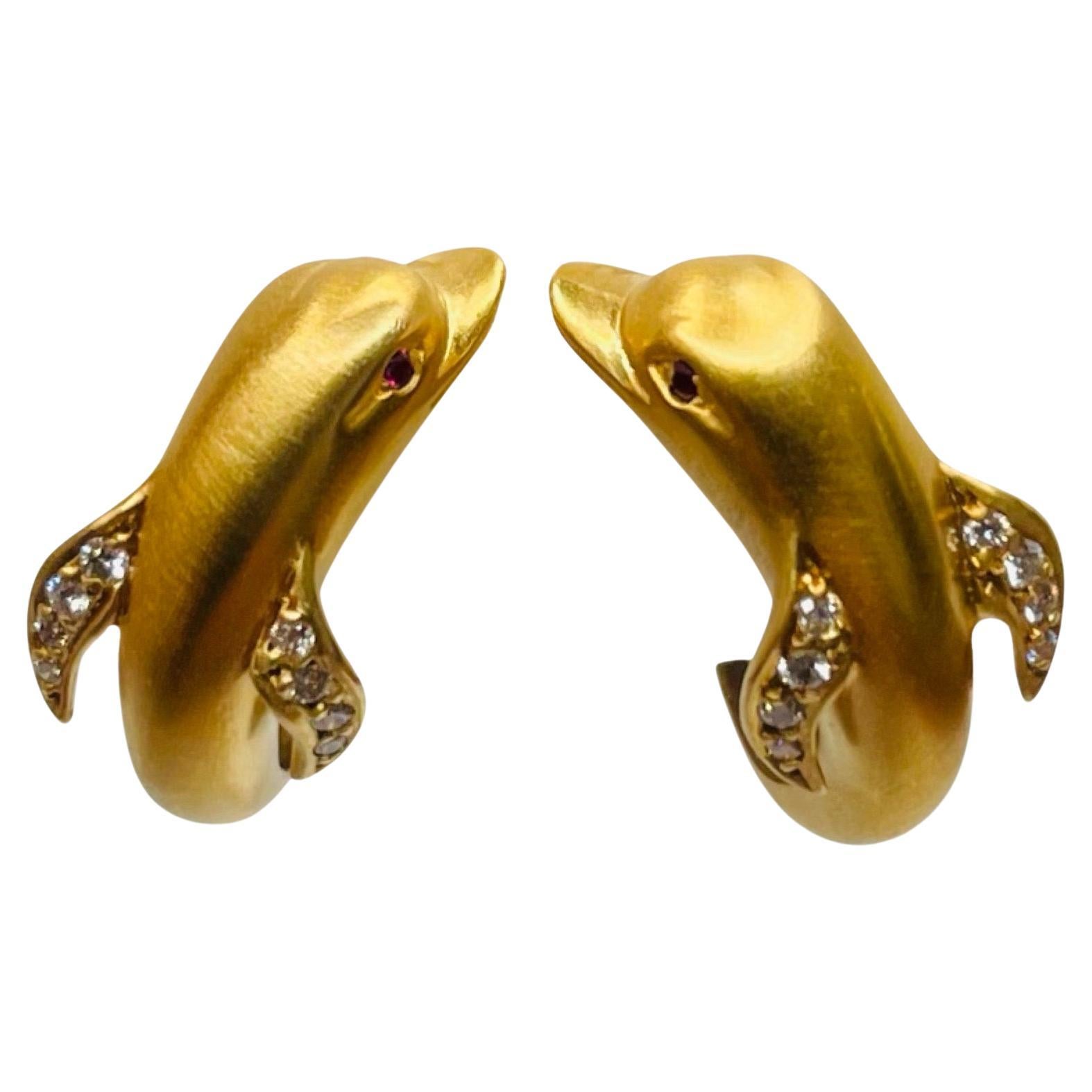 Carrera y Carrera 18K Yellow Gold Diamond & Ruby Dolphin Earrings For Sale