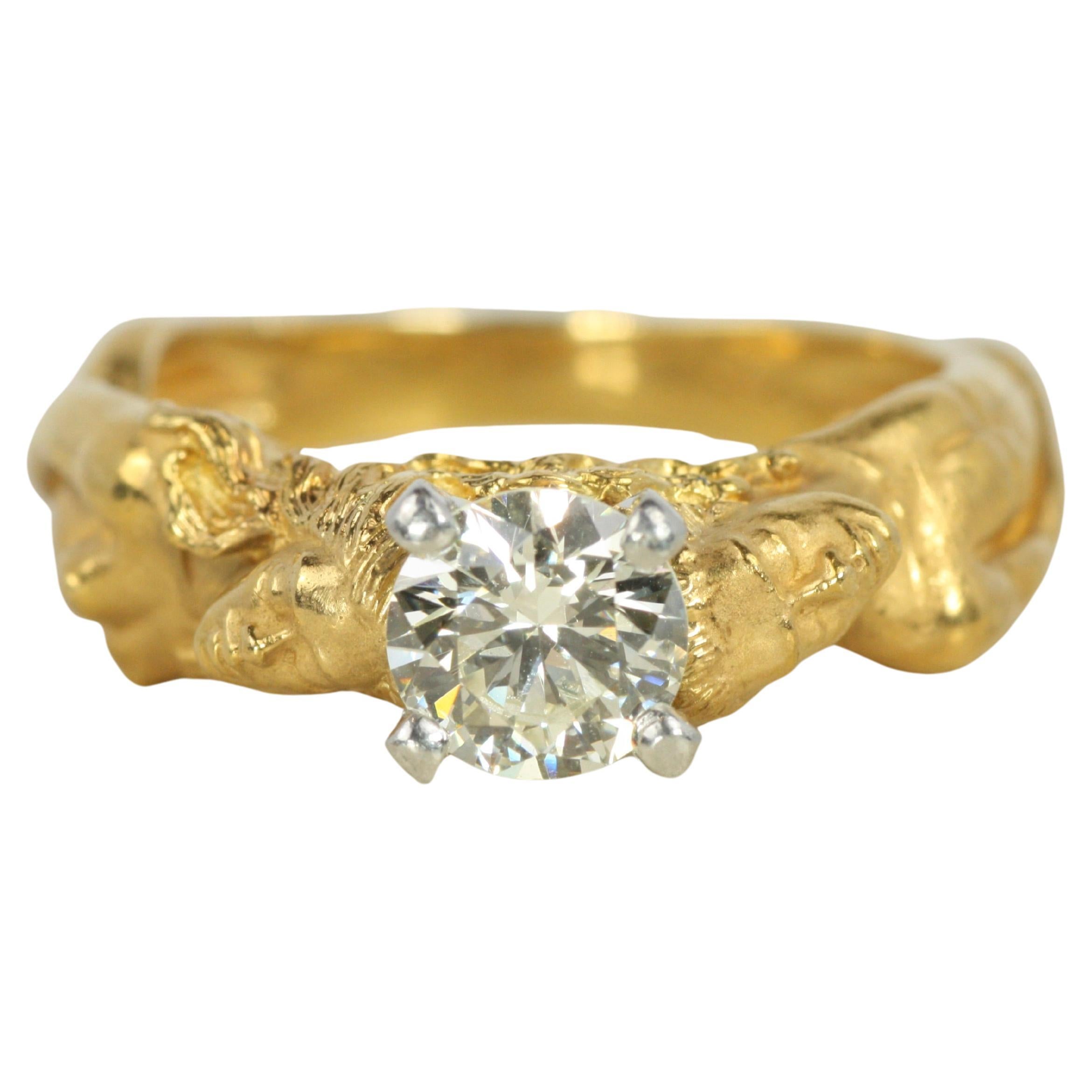 Carrera Y Carrera 18K Yellow Gold Diamond Solitaire Ring with Man & Woman Bodies