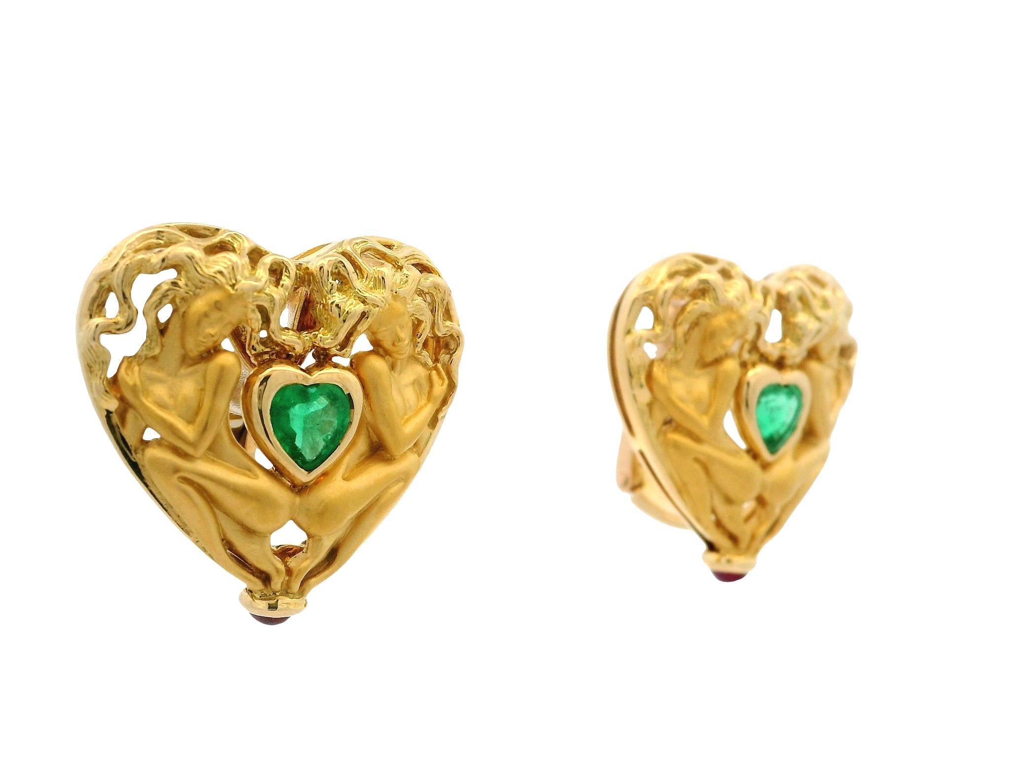 Carrera Y Carrera 18k Yellow Gold Emerald & Ruby Dual Finish Heart Earrings in vendita 8