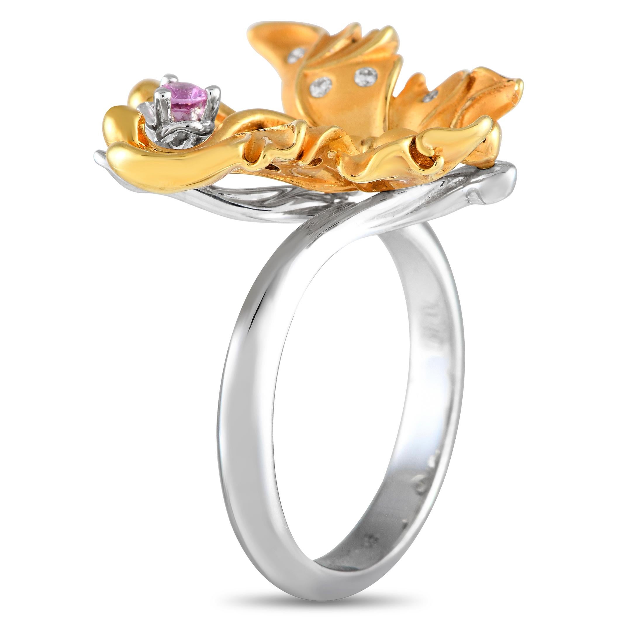 A lovely cocktail ring from Spanish jewelry house Carrera y Carrera. This two-toned beauty features a slim band in white gold, topped with a yellow gold butterfly. The sculpted mariposa on a graceful flight is detailed with flush-set diamonds on its
