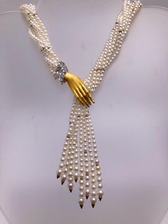 Carrera y Carrera 18 Karat Gold Pearl Twist Necklace with .62 Carat Diamond Hand