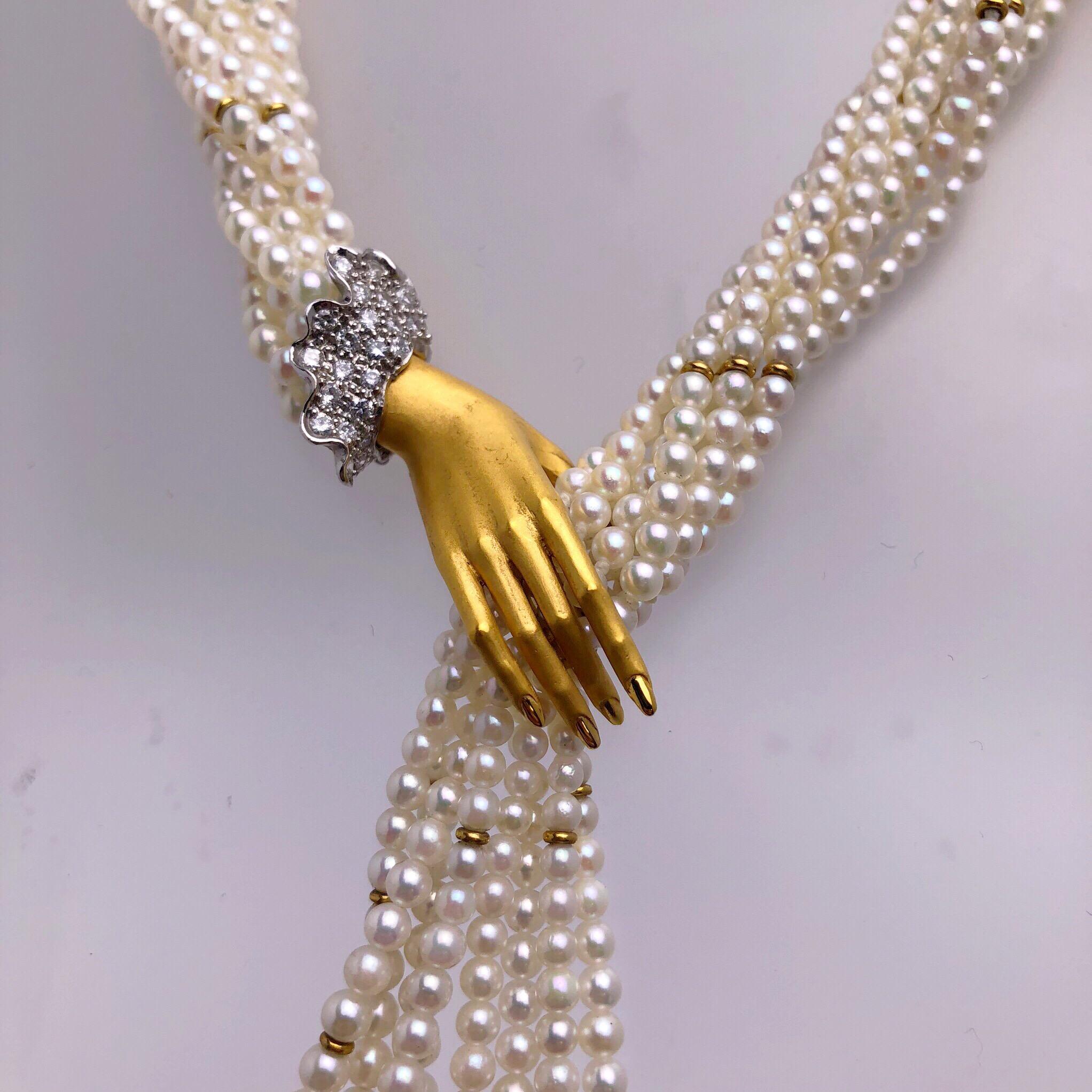 Art Nouveau Carrera y Carrera Collana a spirale di perle in oro 18 carati con diamante a mano da 0,62 carati in vendita