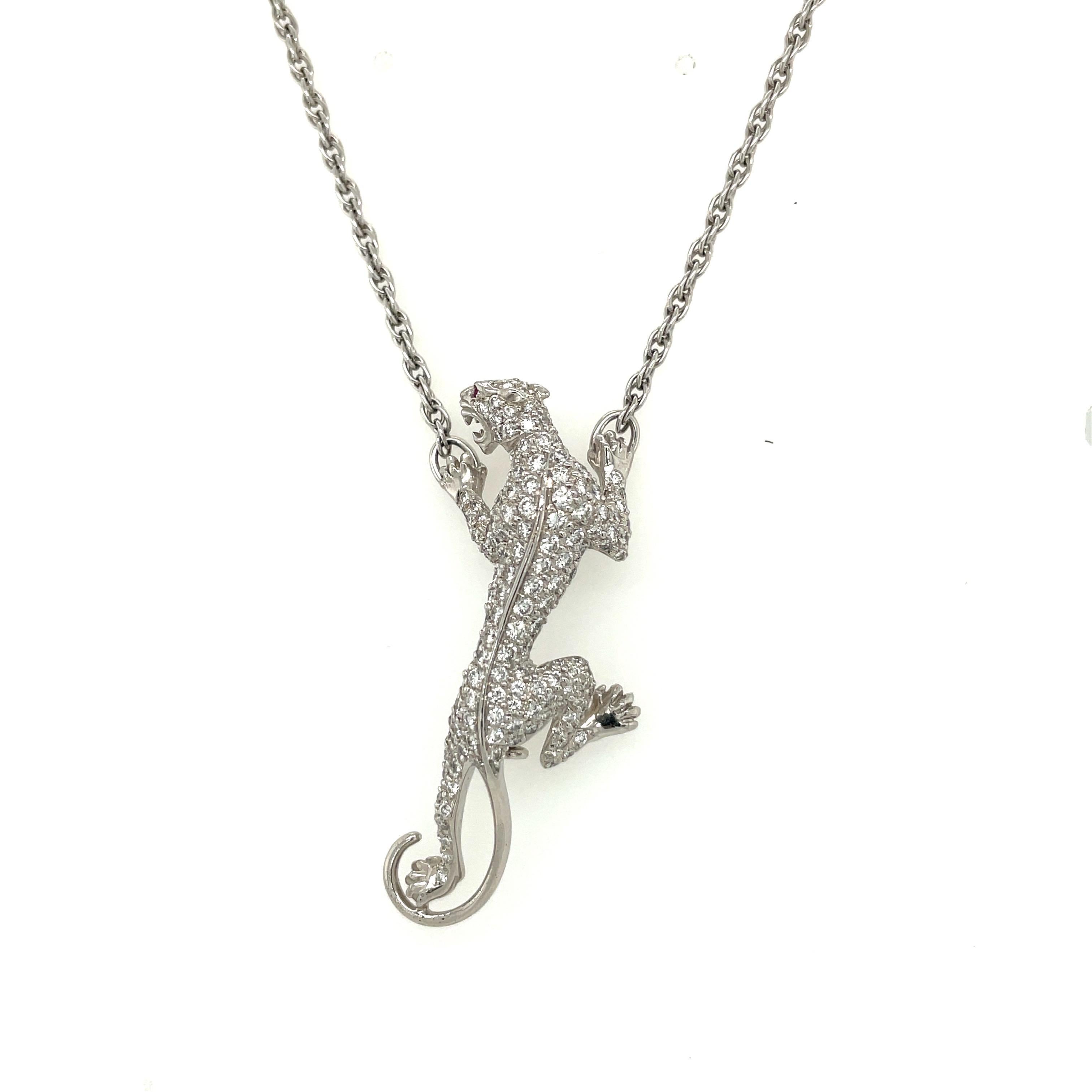 Carrera Y Carrera has built its famous name on figurative designs, an obsession with surface finishes, and a compelling way of seeing beauty in art and nature. This 18 karat white gold diamond panther pendant is a perfect example of Carrera's iconic
