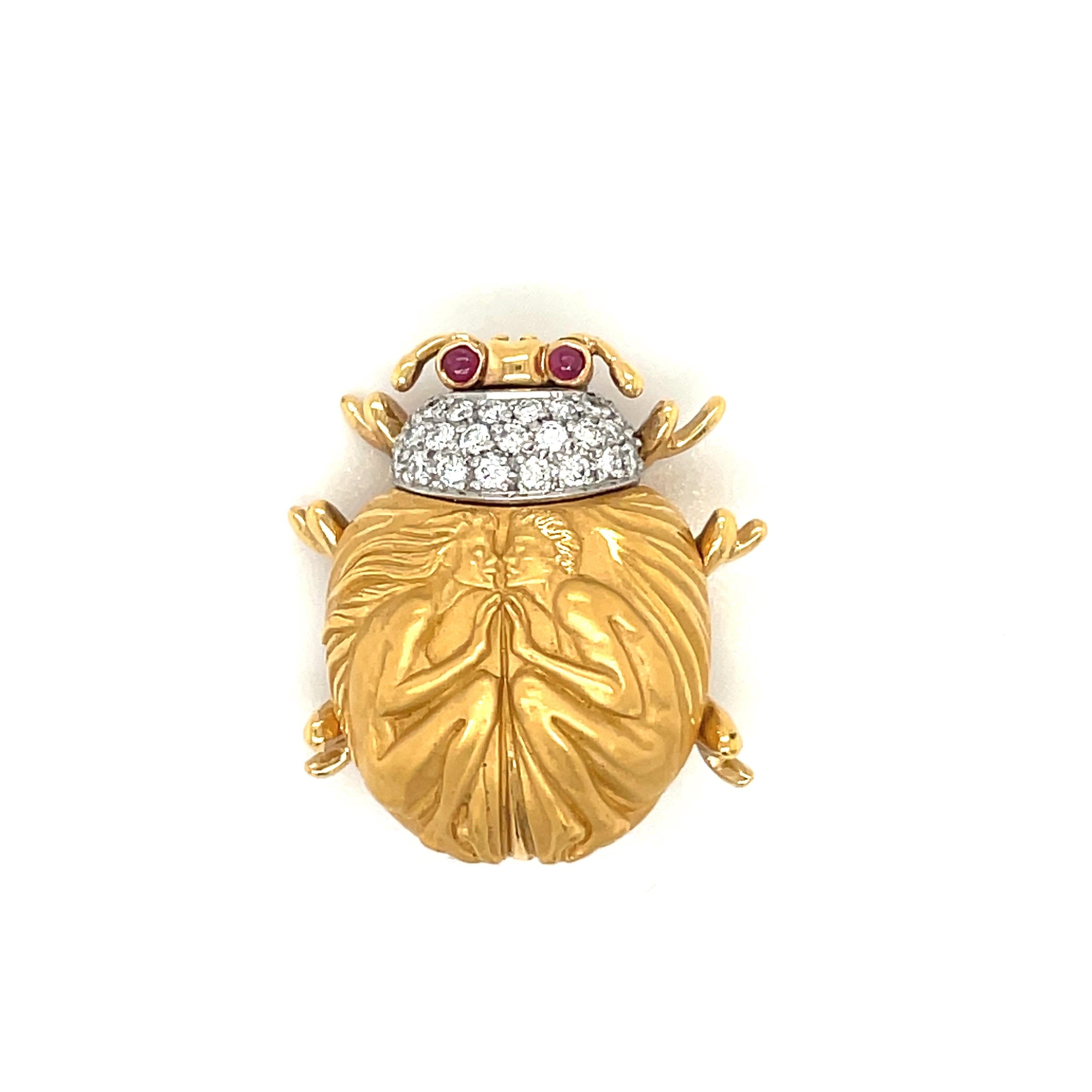 Early Victorian Carrera Y Carrera 18KT Yellow Gold .38Ct Diamond Scarab Brooch with .06Ct Rubies For Sale